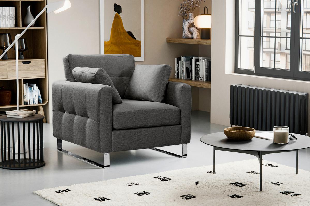 1,5-Sitzer Hera Grau B: 93cm - Chromfarben/Grau, Basics, Holz/Textil (93/92/94cm) - MID.YOU