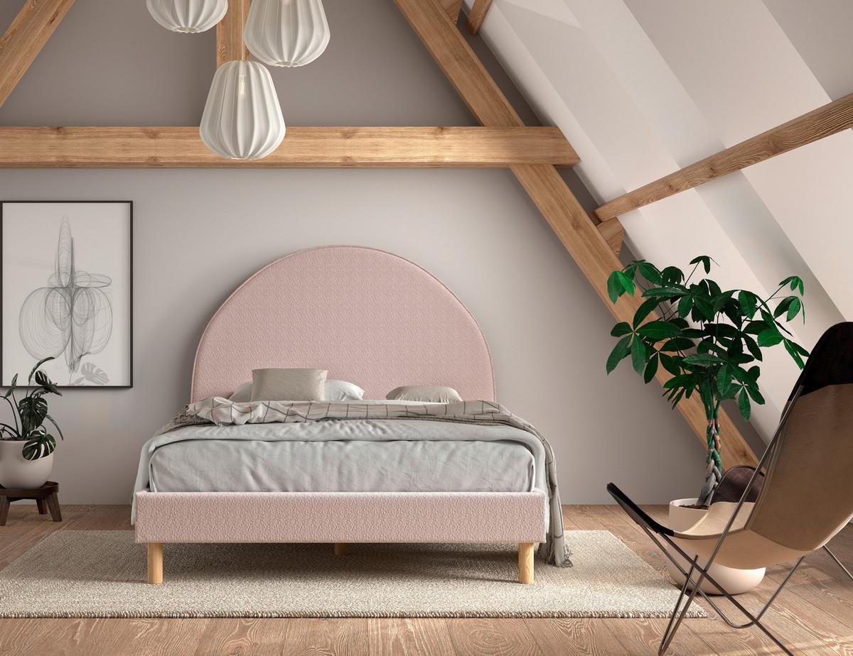 Postel pro děti a mládež s roštem,140x200cm růžová boucle - růžová/přírodní barvy, Romantický / Rustikální, dřevo/textil (140/200cm) - MID.YOU