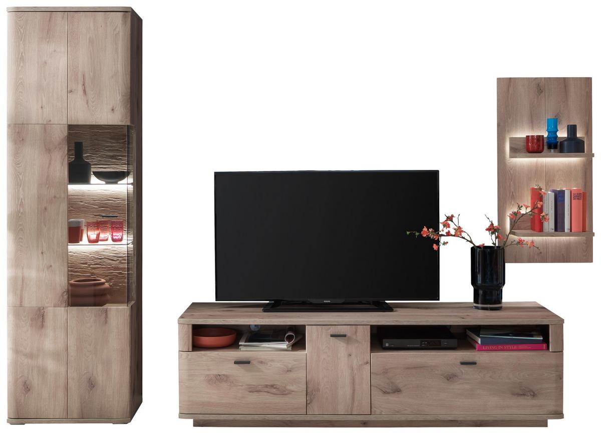 Wohnwand Prato Eiche Dekor B: 270 cm - Eichefarben, Design, Glas/Holzwerkstoff (270/199/50cm) - MID.YOU