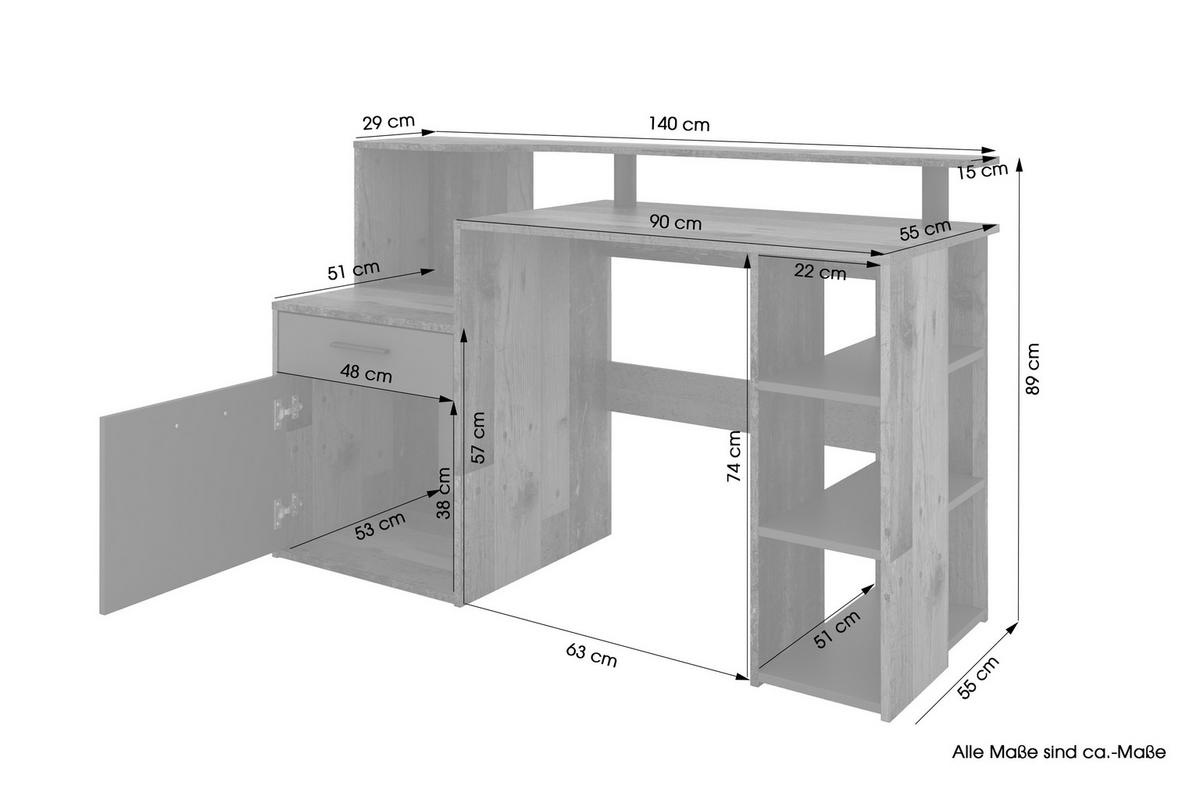 Schreibtisch Louis - Alteiche/Anthrazit, MODERN, Holzwerkstoff (140/55/89cm) - MID.YOU