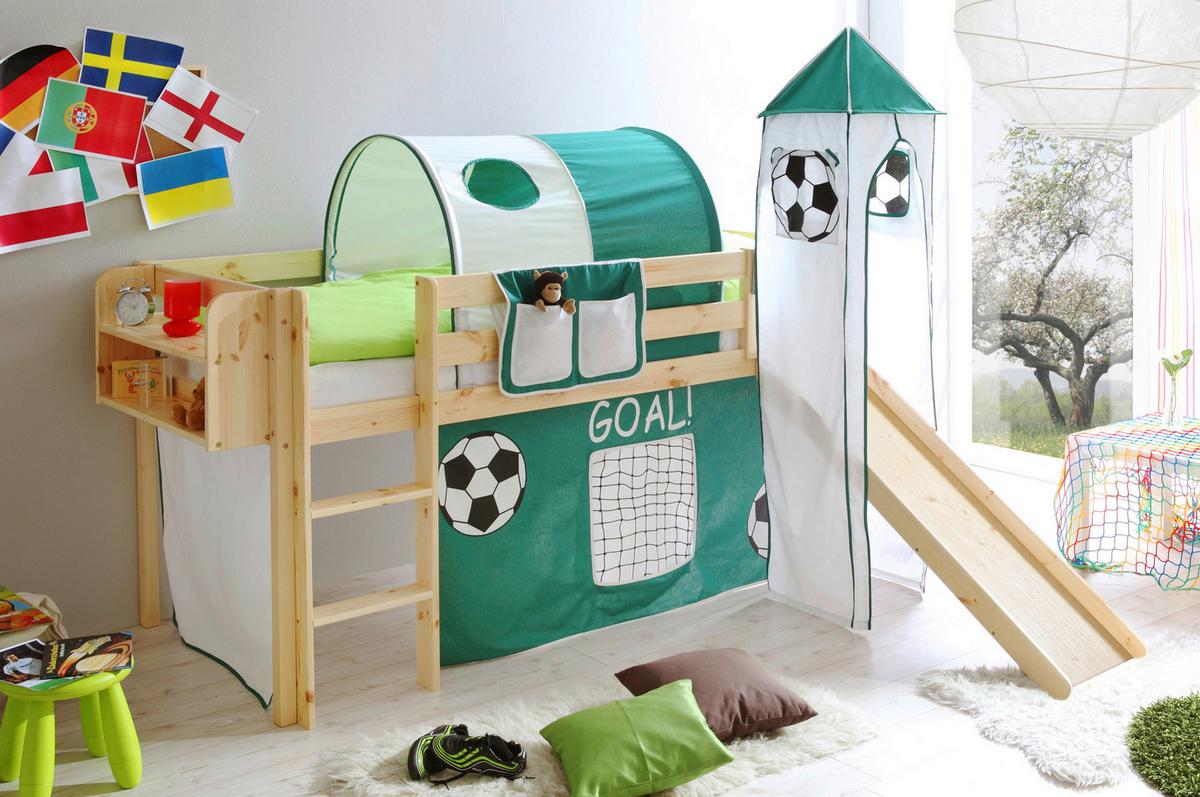 Vyvýšená postel KASPER závěs zelený - barvy borovice/zelená, Natur, dřevo (90/200cm) - MID.YOU