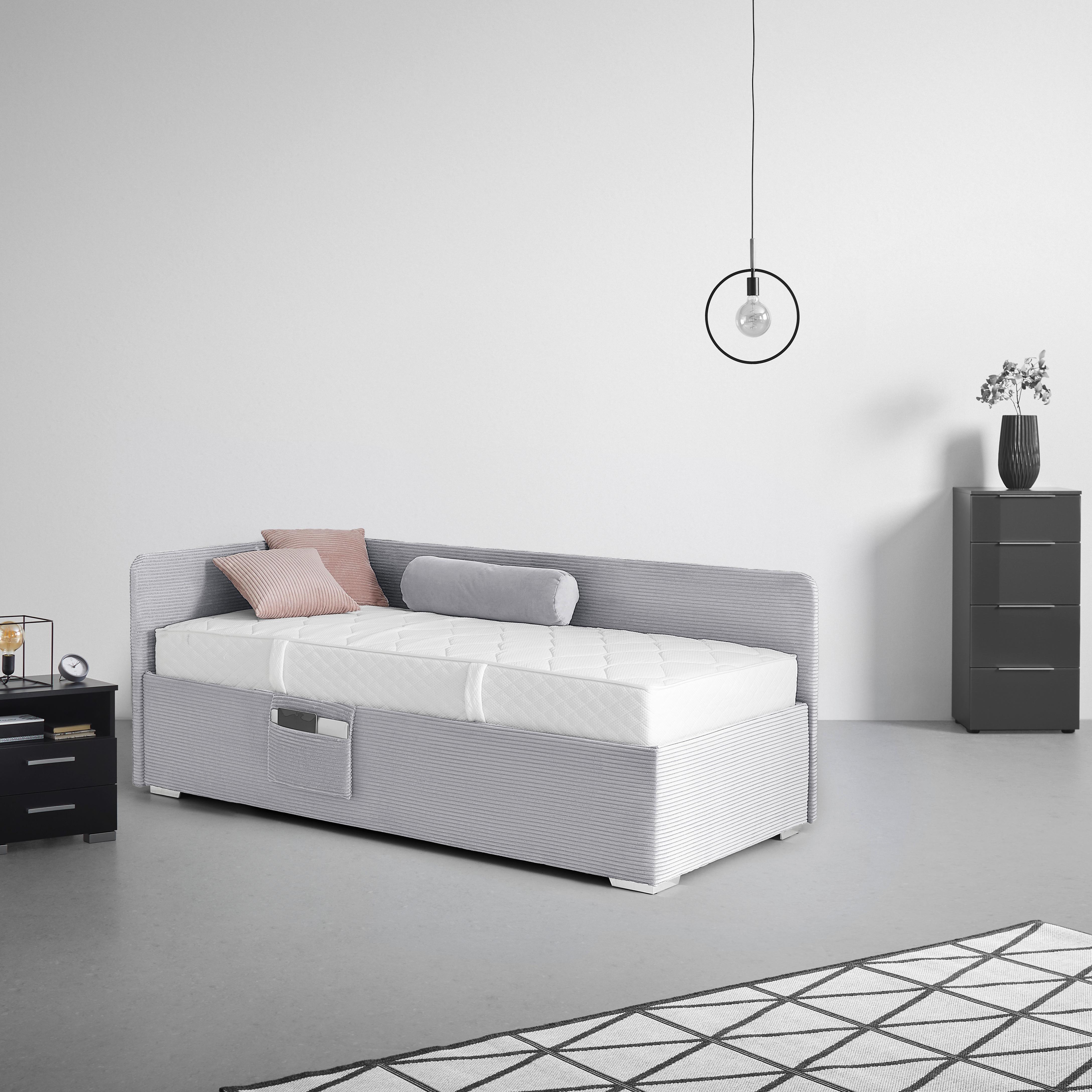 Posteľ Remi s bočnicami 90x200, poťah svetlosivý - prírodná farba/svetlosivá, Konventionell, drevo/textil (90/200cm)