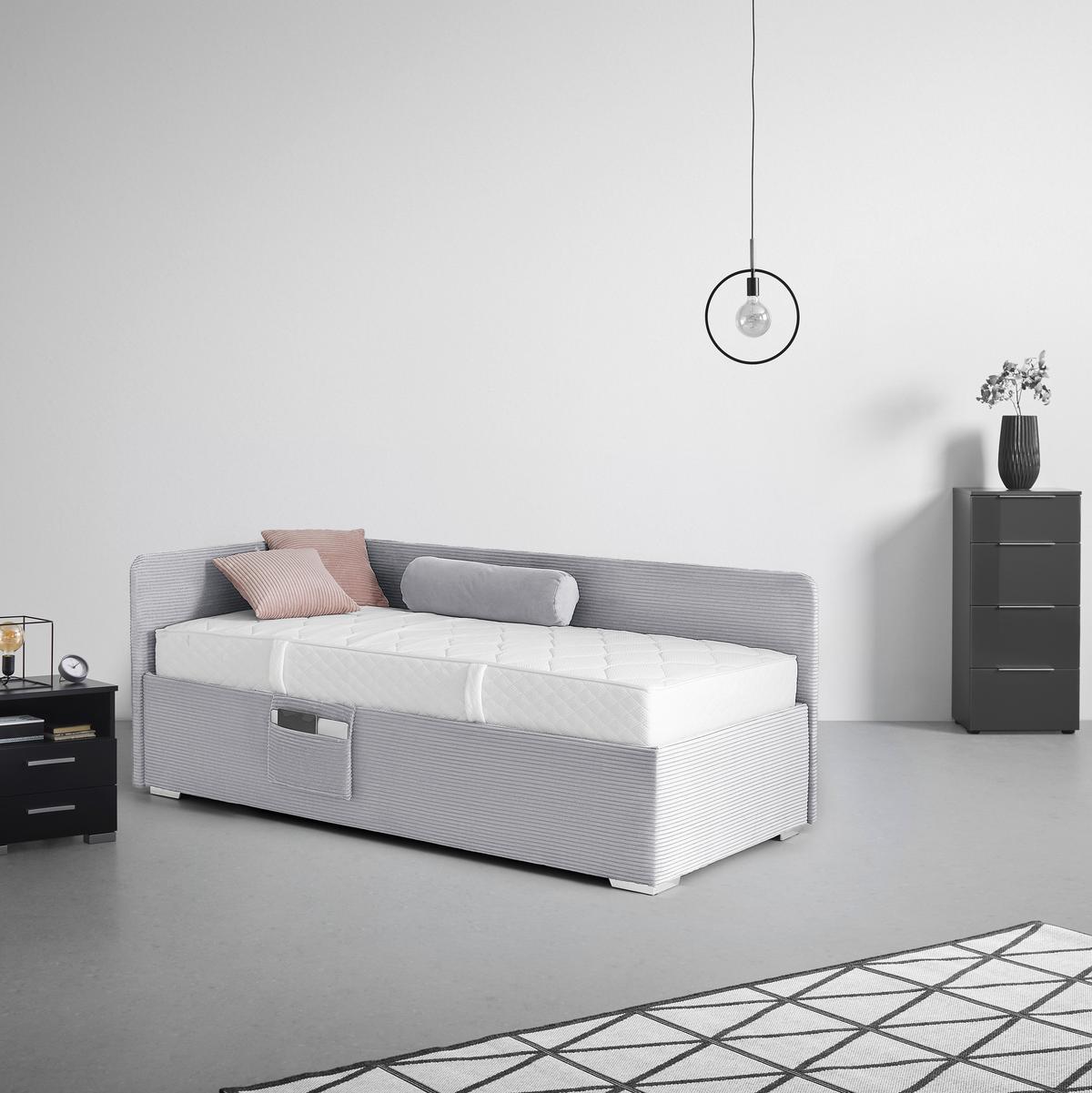Postel Remi s bočnicemi 140x200, potah světle šedý - světle šedá/barvy chromu, Konvenční, dřevo/textil (140/200cm)