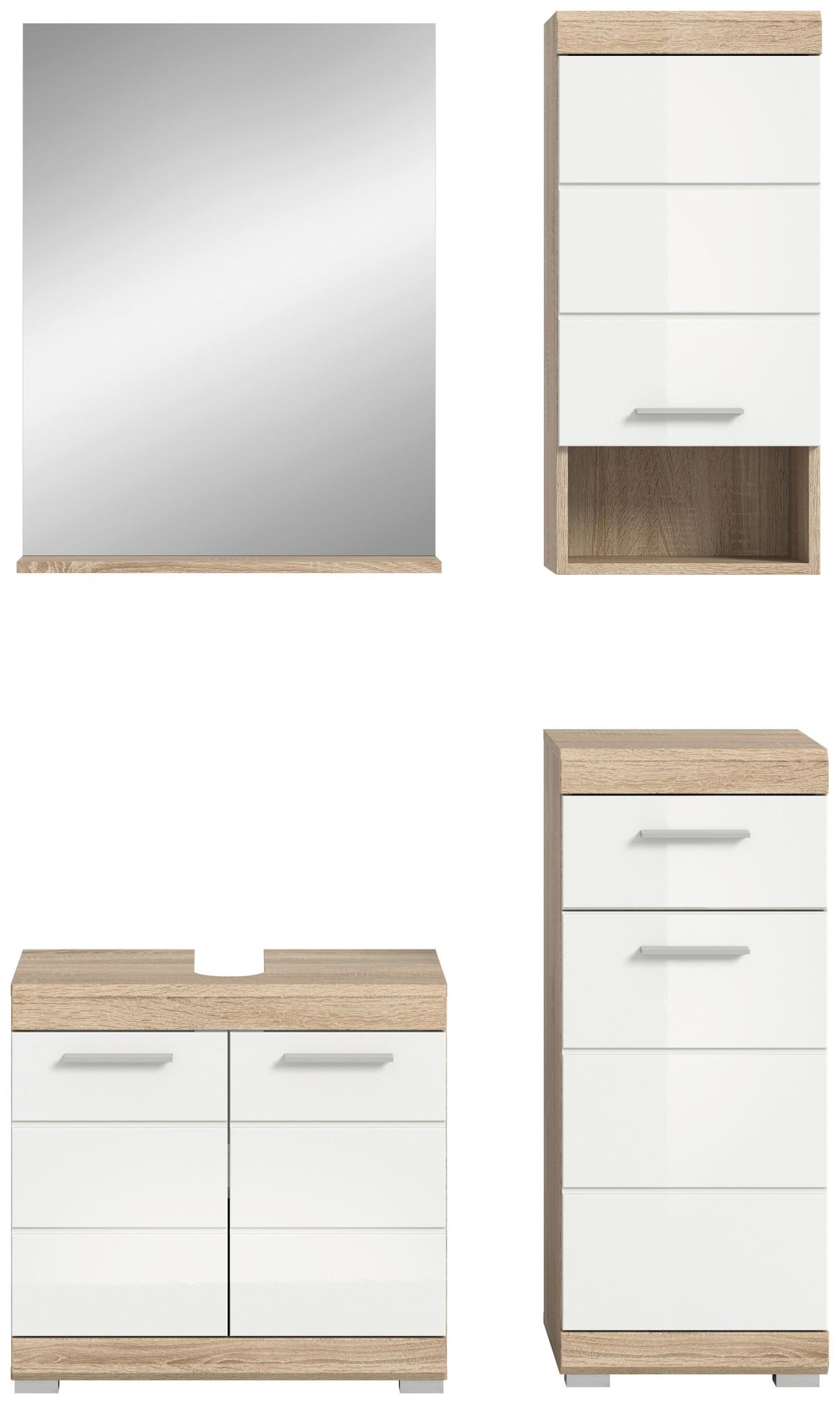 Badezimmer Lambada Eiche Dekor/Weiß B: 97 cm - Weiß Hochglanz/Silberfarben, MODERN, Glas/Holzwerkstoff (97cm) - MID.YOU
