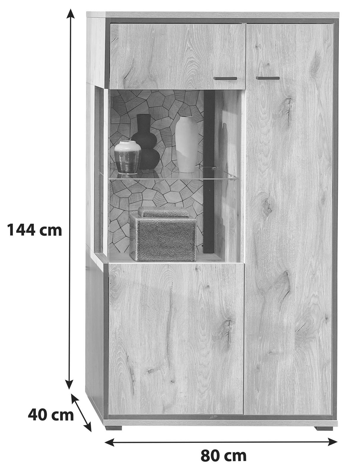 Vitrine Ruben - Eichefarben/Schwarz, KONVENTIONELL, Glas/Holzwerkstoff (80/144/40cm) - Livetastic