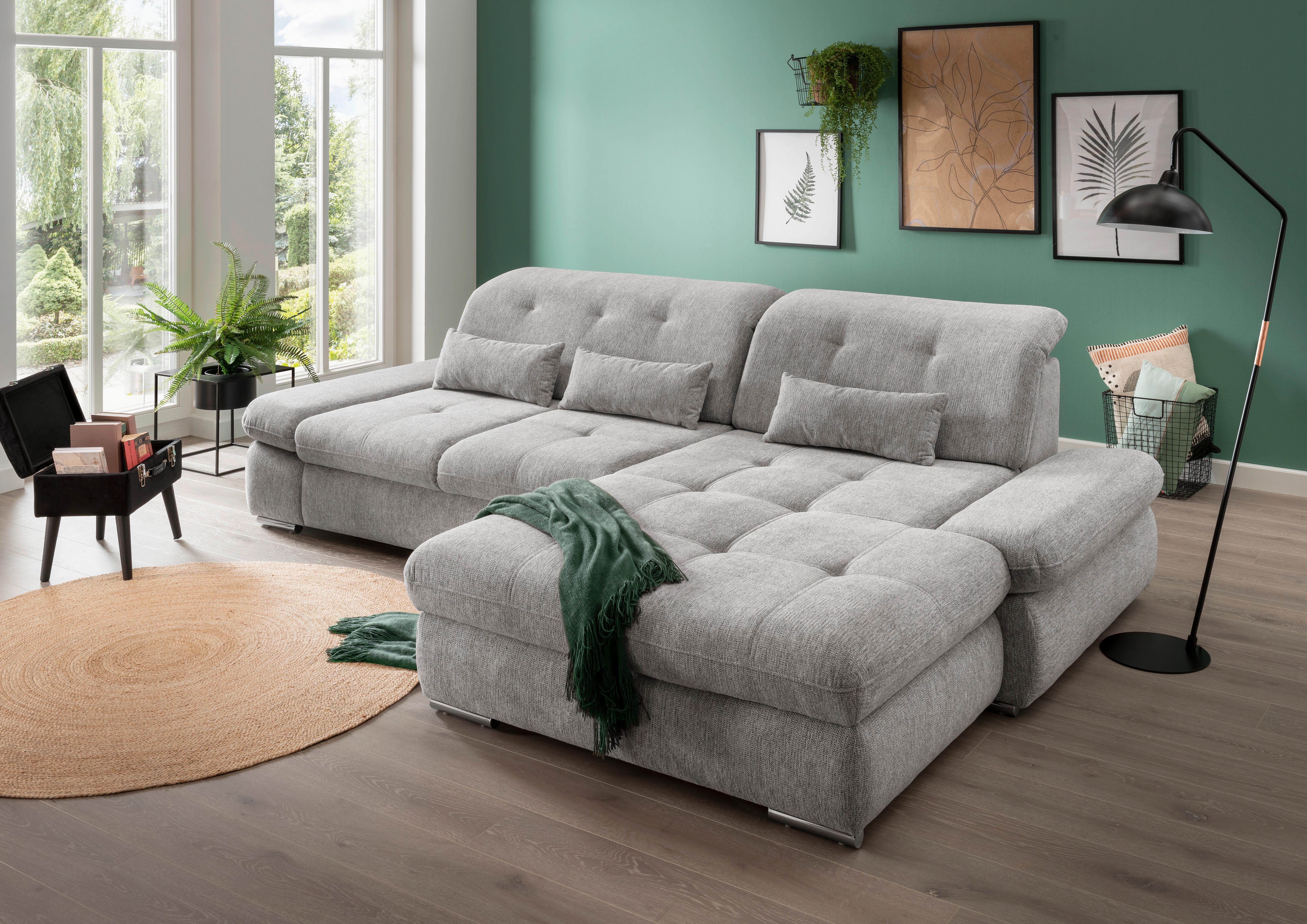 Ecksofa mit Schlaffunktion Dalida Silberfarben Chenille - Chromfarben/Silberfarben, Design, Textil (300/196cm) - Livetastic