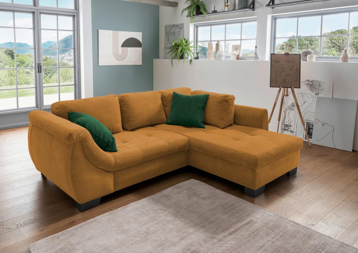 Ecksofa mit Schlaffunktion Flora Goldfarben Cord - Goldfarben/Schwarz, Design, Textil (250/190cm) - MID.YOU