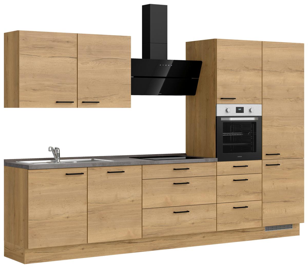 Kuchynská linka 330 cm, dub Sierra - čierna/farba duba, Modern, kov/kompozitné drevo (330cm) - Nobilia