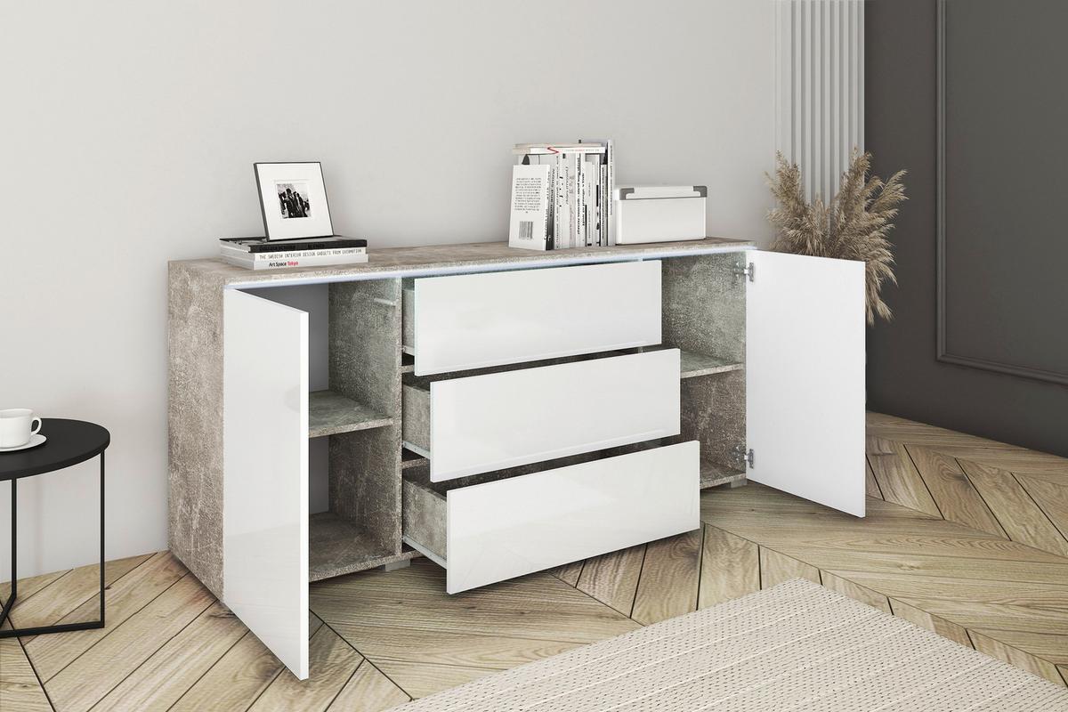 Široká komoda VERA vzhľad beton/biela - sivá/biela s vysokým leskom, Lifestyle, kompozitné drevo/plast (150/67,9/39,5cm) - P & B