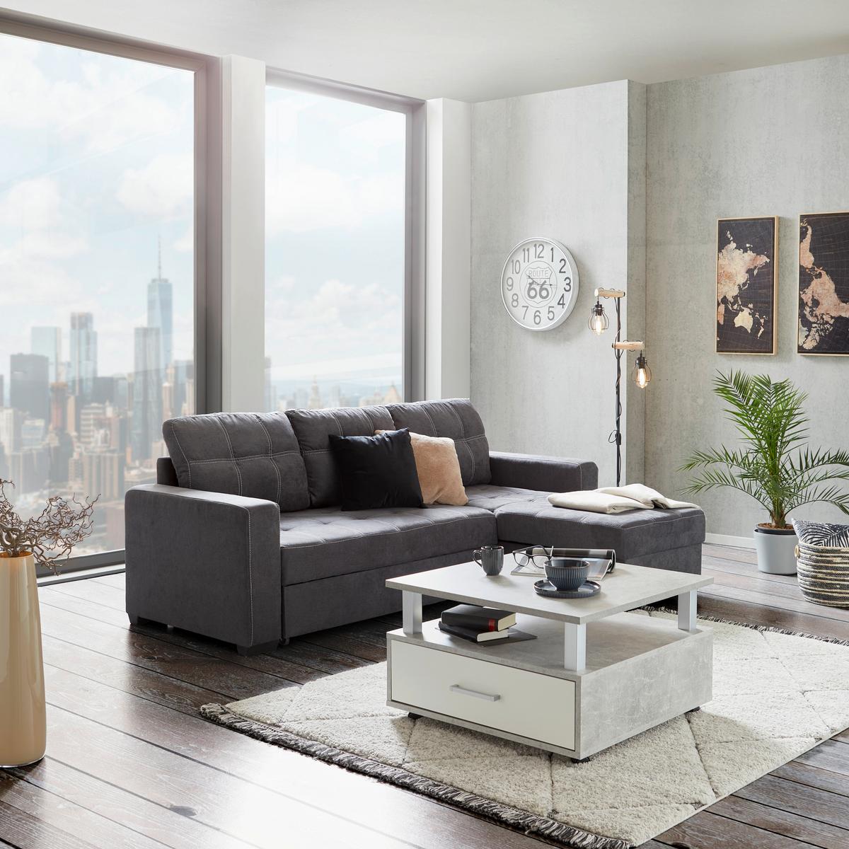 Ecksofa mit Schlaffunktion + Bettkasten Mediolan Dunkelgrau - Dunkelgrau/Schwarz, Design, Textil (240/160cm) - Ondega