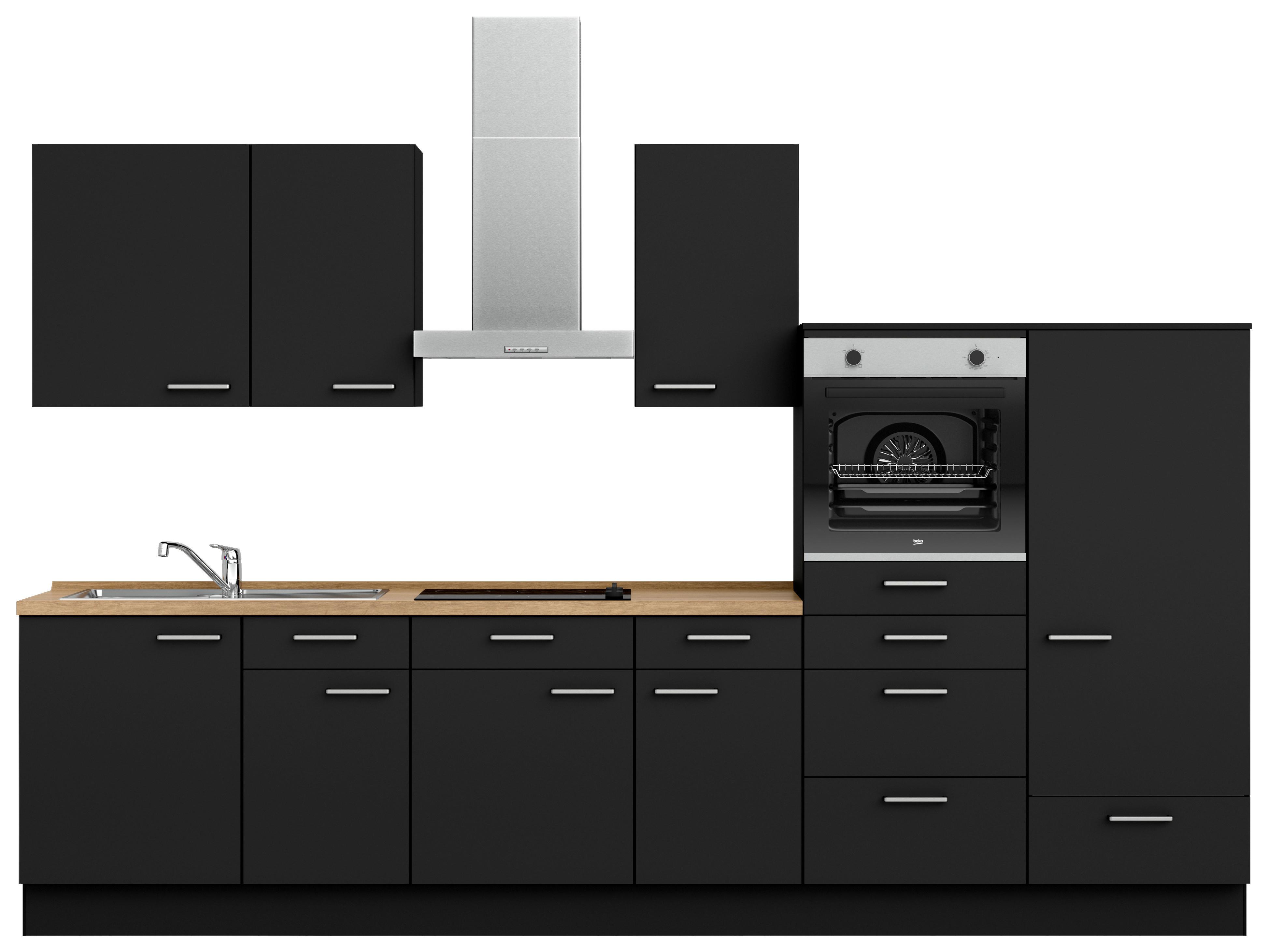 Kuchyňská linka 330 cm, černá matná - černá/barvy dubu, Moderní, kov/kompozitní dřevo (330cm) - Nobilia