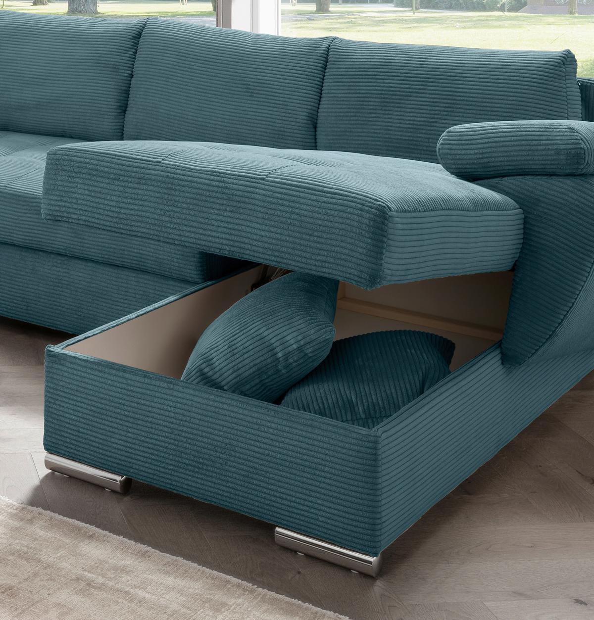 Wohnlandschaft Terana mit Schlaffunktion, Petrol - Chromfarben/Petrol, KONVENTIONELL, Textil (219/305/157cm) - Livetastic