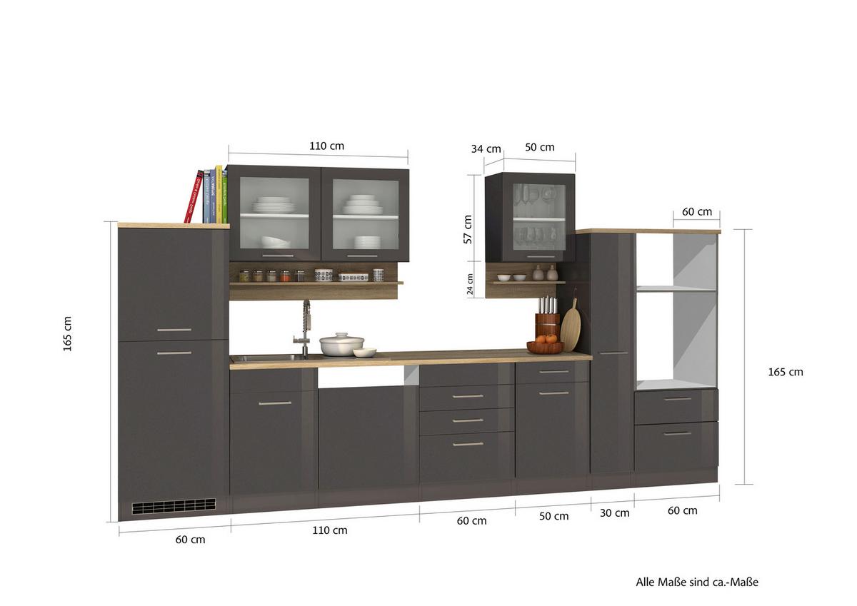 Küchenleerblock Mailand Graphitfarben B: 370cm - Graphitfarben/Sonoma Eiche, MODERN, Glas/Holzwerkstoff (370cm) - Held