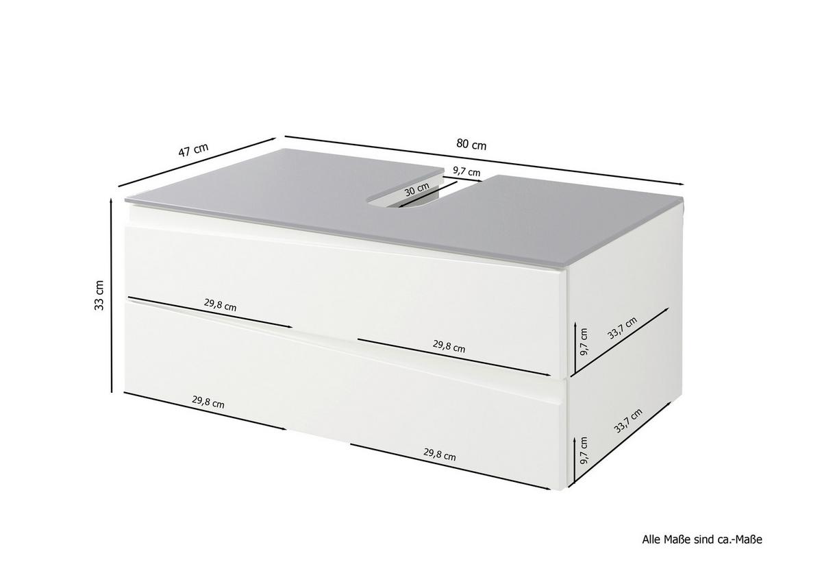 Waschbeckenunterschrank Shape B: 80cm Weiß Hochglanz - Weiß Hochglanz/Grau, MODERN, Glas/Holzwerkstoff (80/33/47cm) - MID.YOU