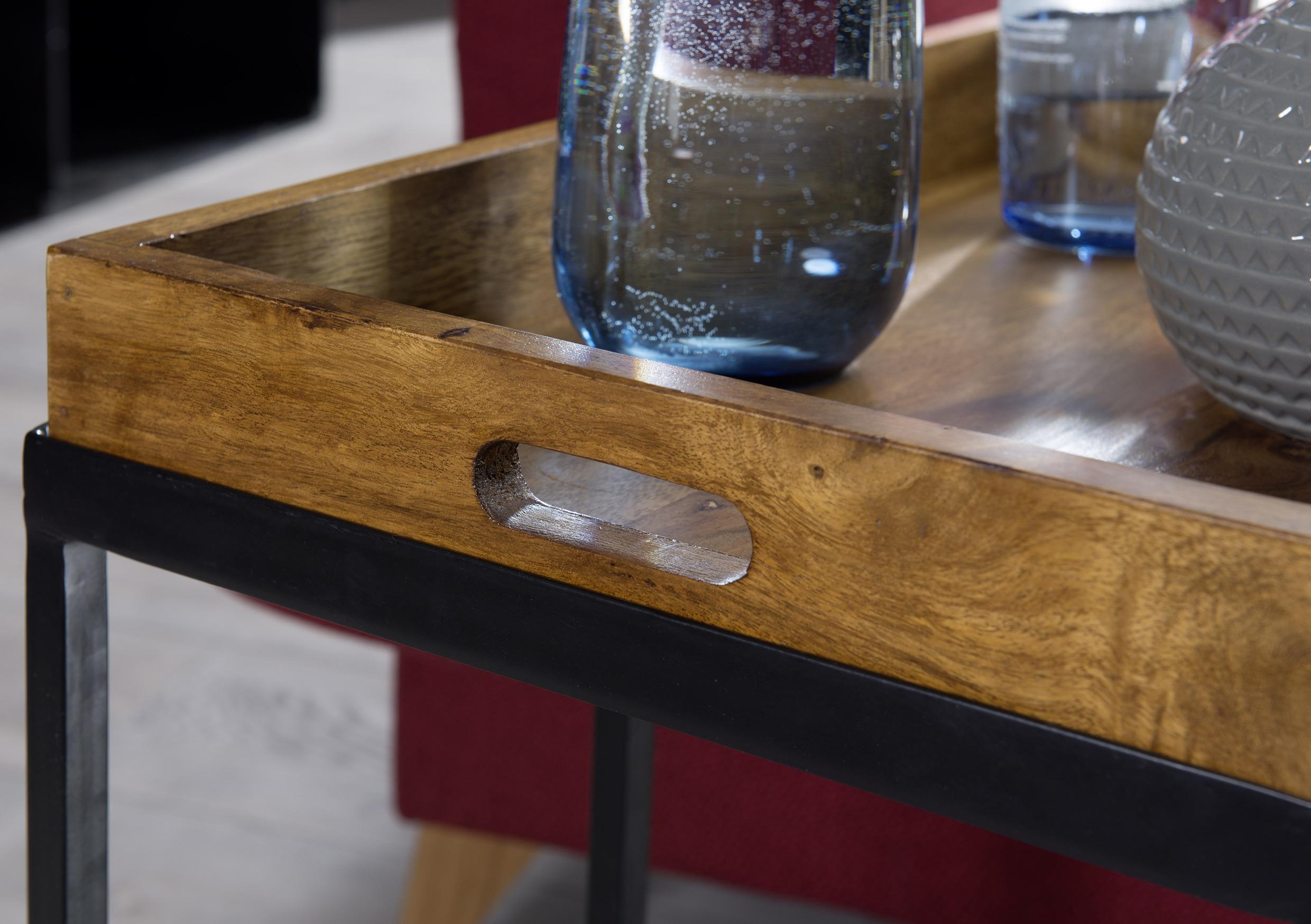 Beistelltisch mit Tablett aus Sheeshamholz und Beinen aus Eisen Detail Griff