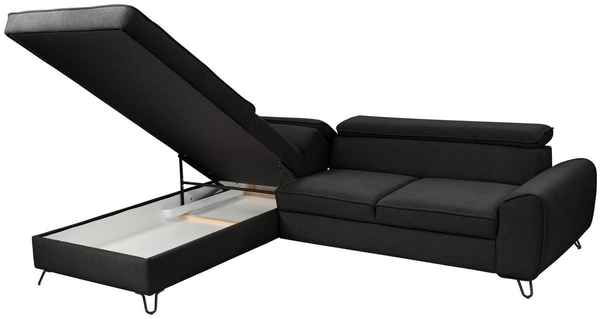 Rohová sedačka IDYLLA, levá černá,úl.prostor,lůžko - černá, Design, kov/textil (200/250cm)
