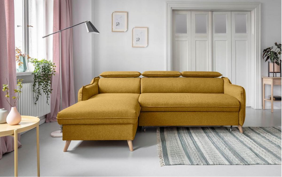 Rozkladacia sedačka Simone, ľavé prevedenie - horčicovožltá/prírodná farba, Modern, drevo/textil (228/82/95/162cm)