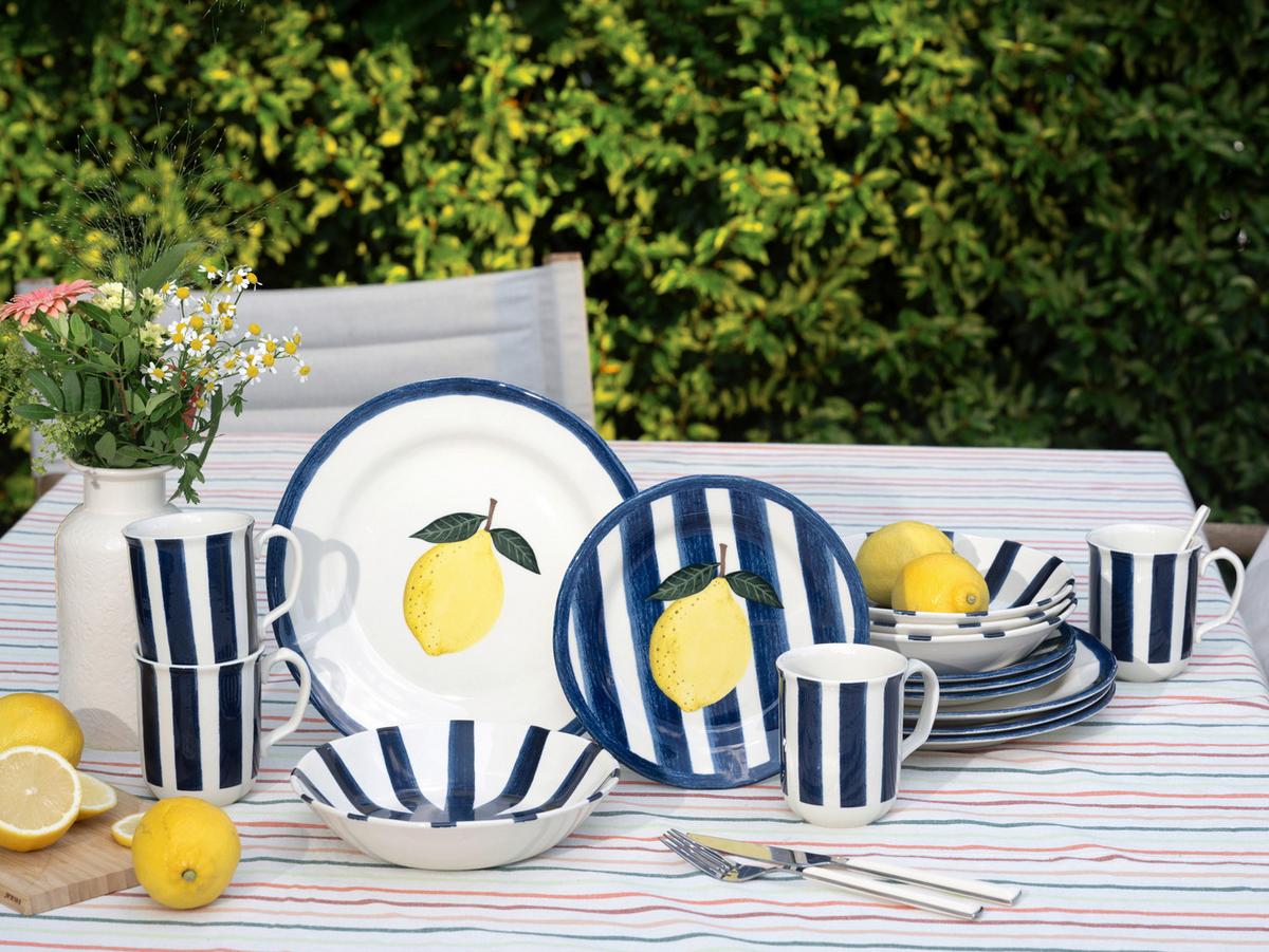 Kombiservice Summer Stripes Steingut, 4 Pers., 16-teilig - Blau/Gelb, Basics, Keramik - Creatable