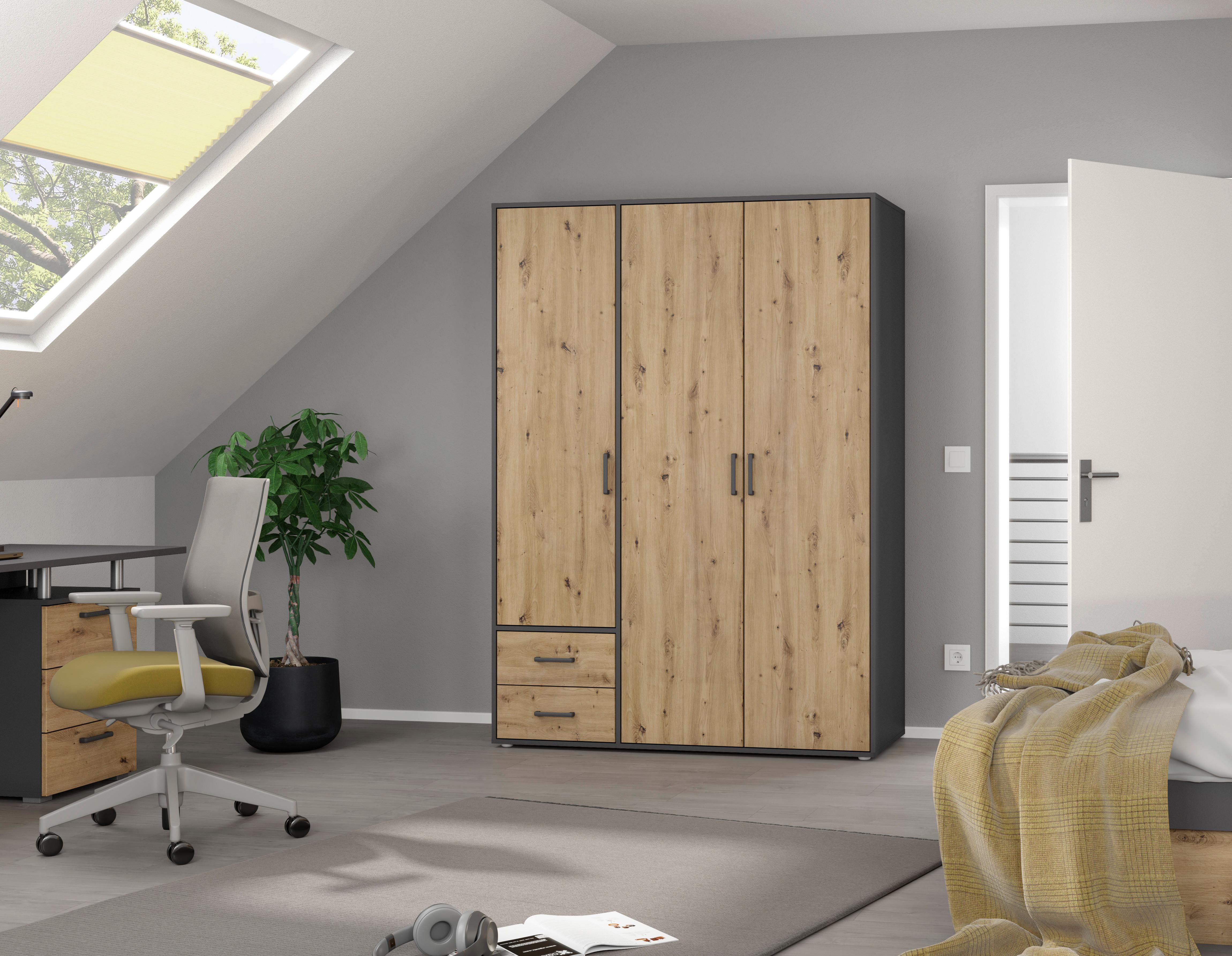 Drehtürenschrank Voyager Grau,eiche Artisan 140 cm - Eiche Artisan/Grau, MODERN, Holzwerkstoff (140/194/53cm) - Rauch Möbel