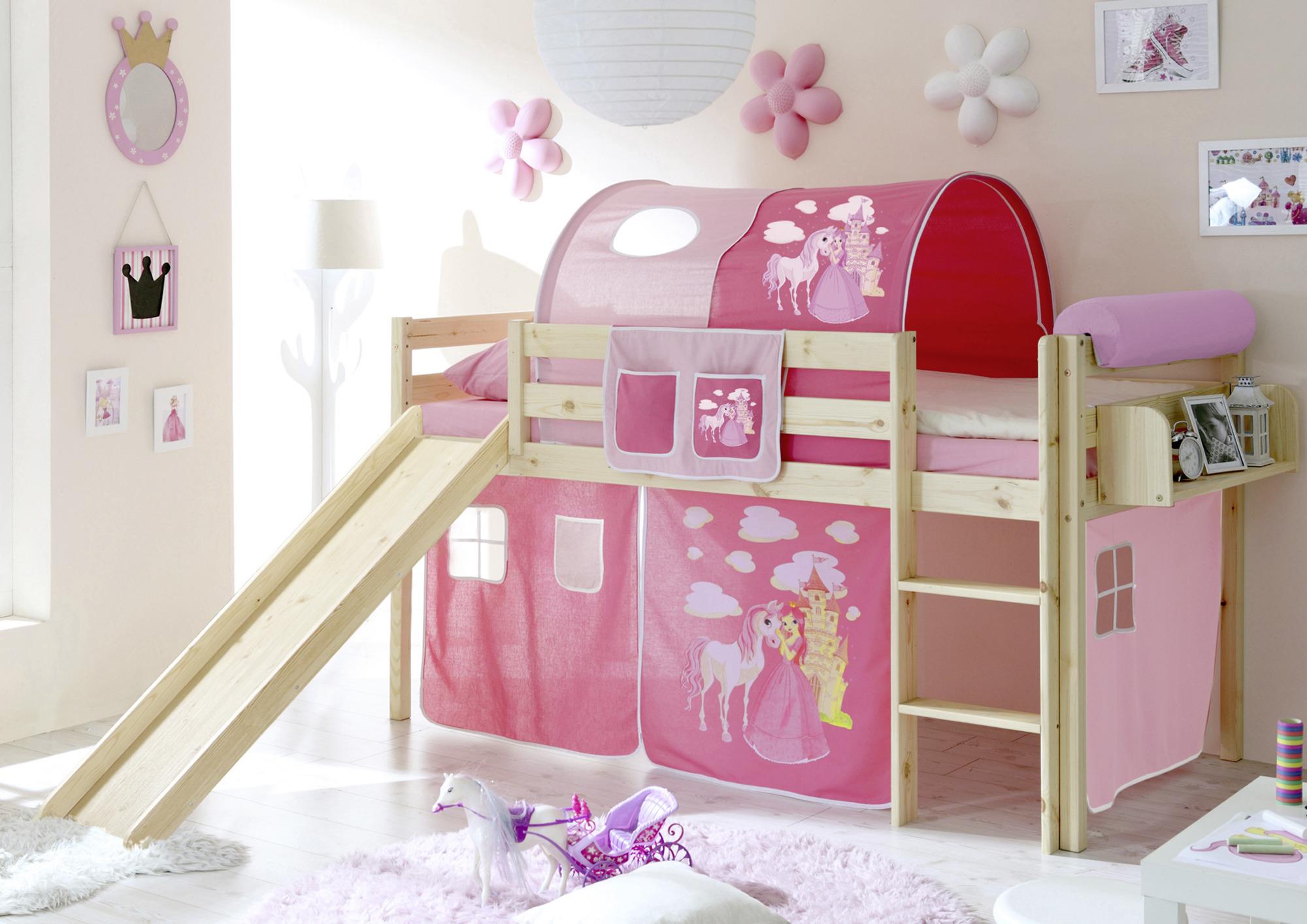 Spielbett Manuel Pink Kiefe Massiv 90 cm Leiter Rutsche - Pink/Kieferfarben, Natur, Holz (90/200cm) - MID.YOU