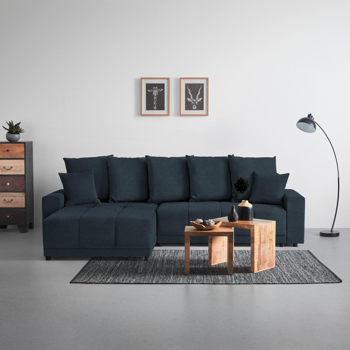 Rohová sedačka ALATRI, oboustr.,tmavě modrá,s polšt. - černá/zelená, Moderní, textil/plast (289/90/176cm) - Based