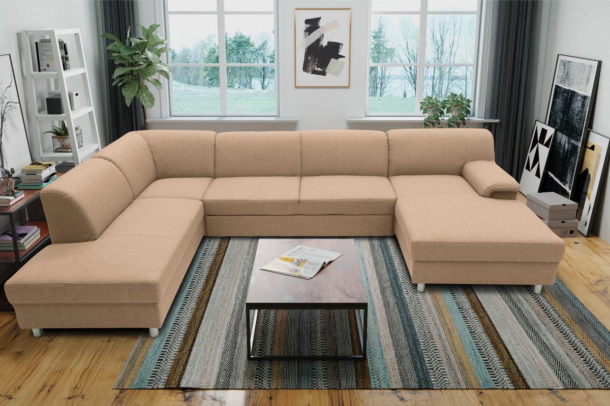 Wohnlandschaft Jamie Mit Schlaffunktion Beige - Chromfarben/Beige, KONVENTIONELL, Textil (195/308/150cm) - MID.YOU