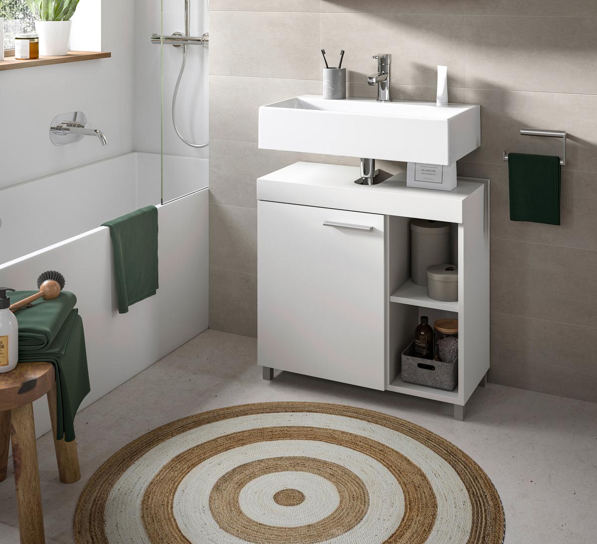 Waschbeckenunterschrank Noah Weiß B: 65cm - Silberfarben/Weiß, Trend, Holzwerkstoff (65/63/31cm) - MID.YOU