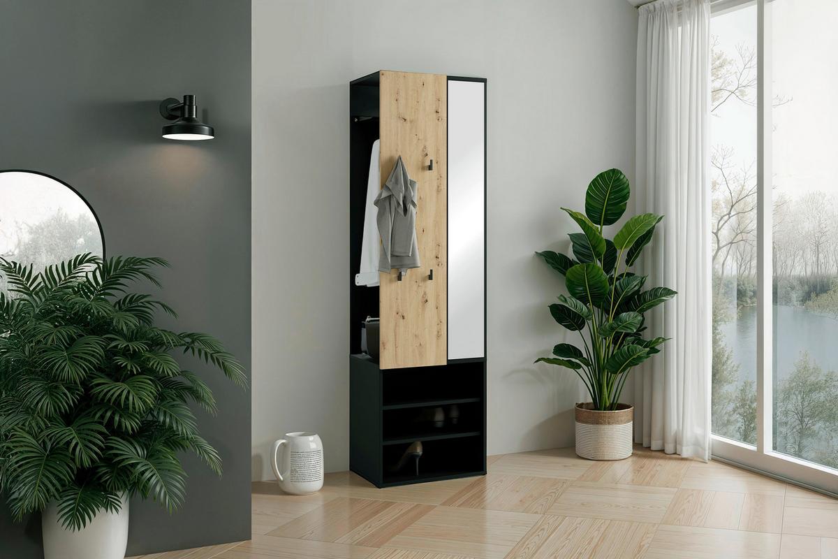 Garderobe Andorra Eiche Artisan/Schwarz B: 55 cm - Schwarz/Eiche Artisan, Design, Holzwerkstoff (55/187,5/40,5cm) - MID.YOU