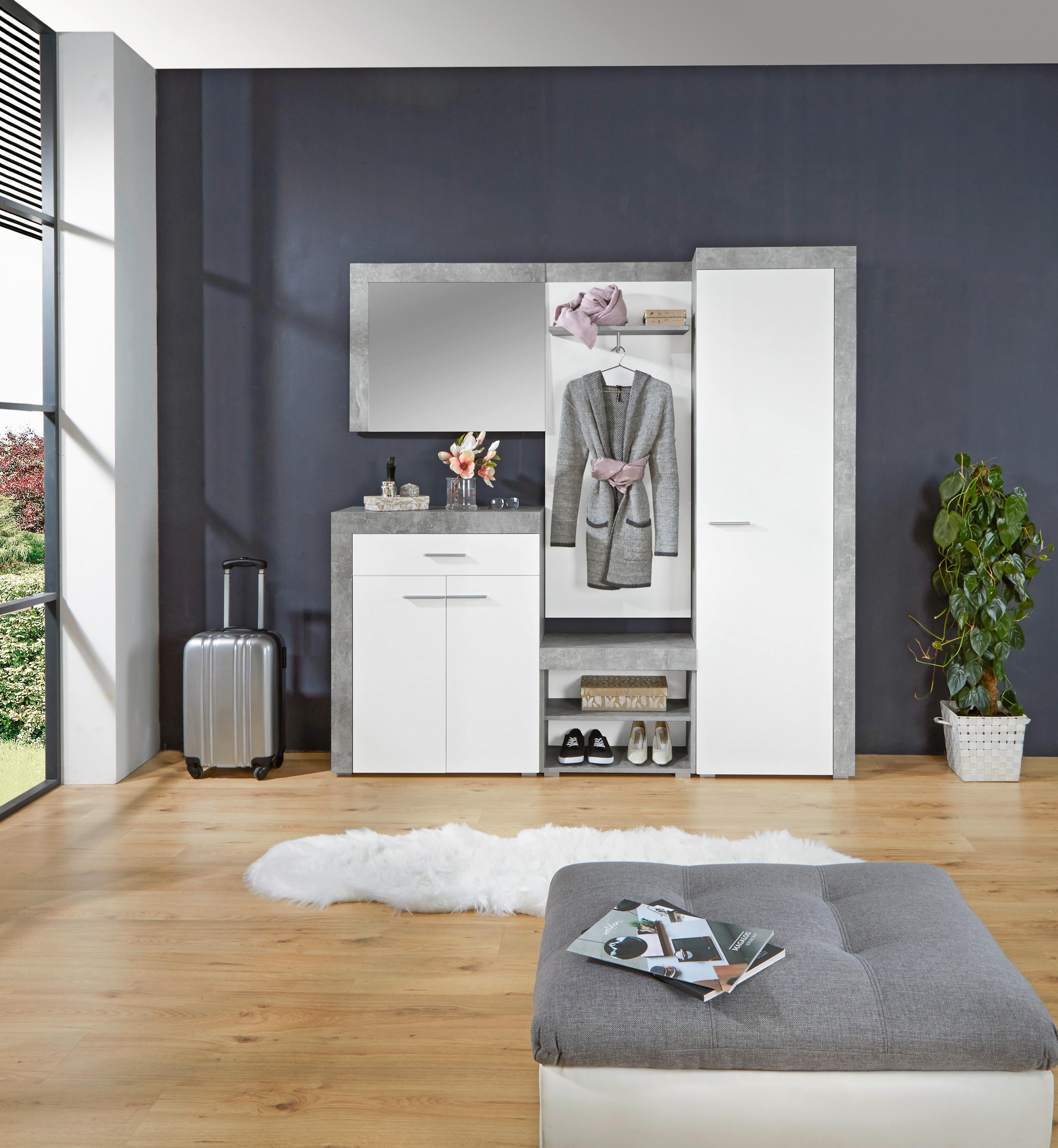 Garderobe Porto Betonoptik/ Weiß B: 200 cm mit Spiegel - Weiß/Grau, MODERN, Holzwerkstoff (200/200/35,3cm)