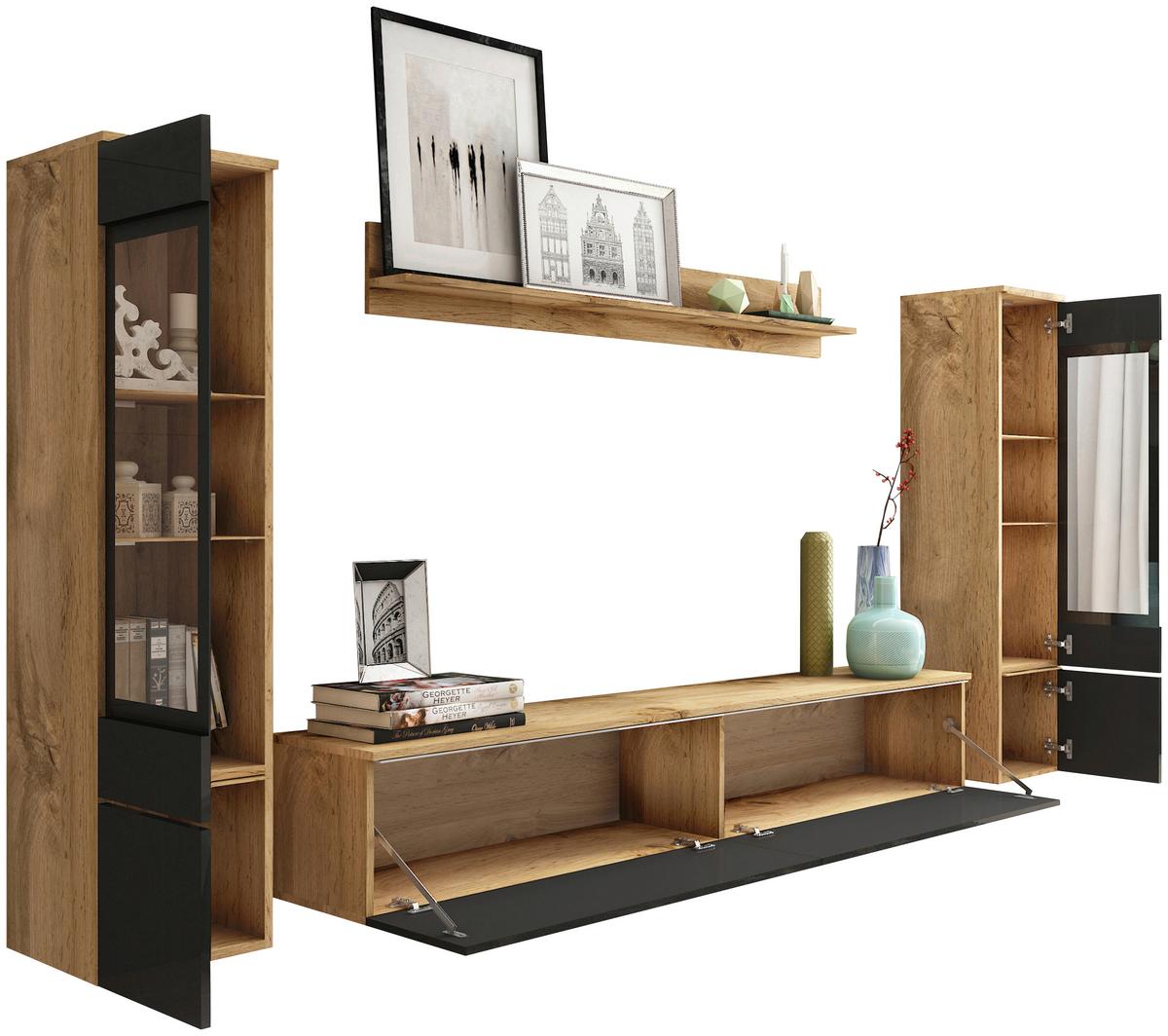 Obývací stěna s LED dekor dub Wotan/černá VL - šedá/dub wotan, Lifestyle, kompozitní dřevo/plast (240/130/33cm) - P & B