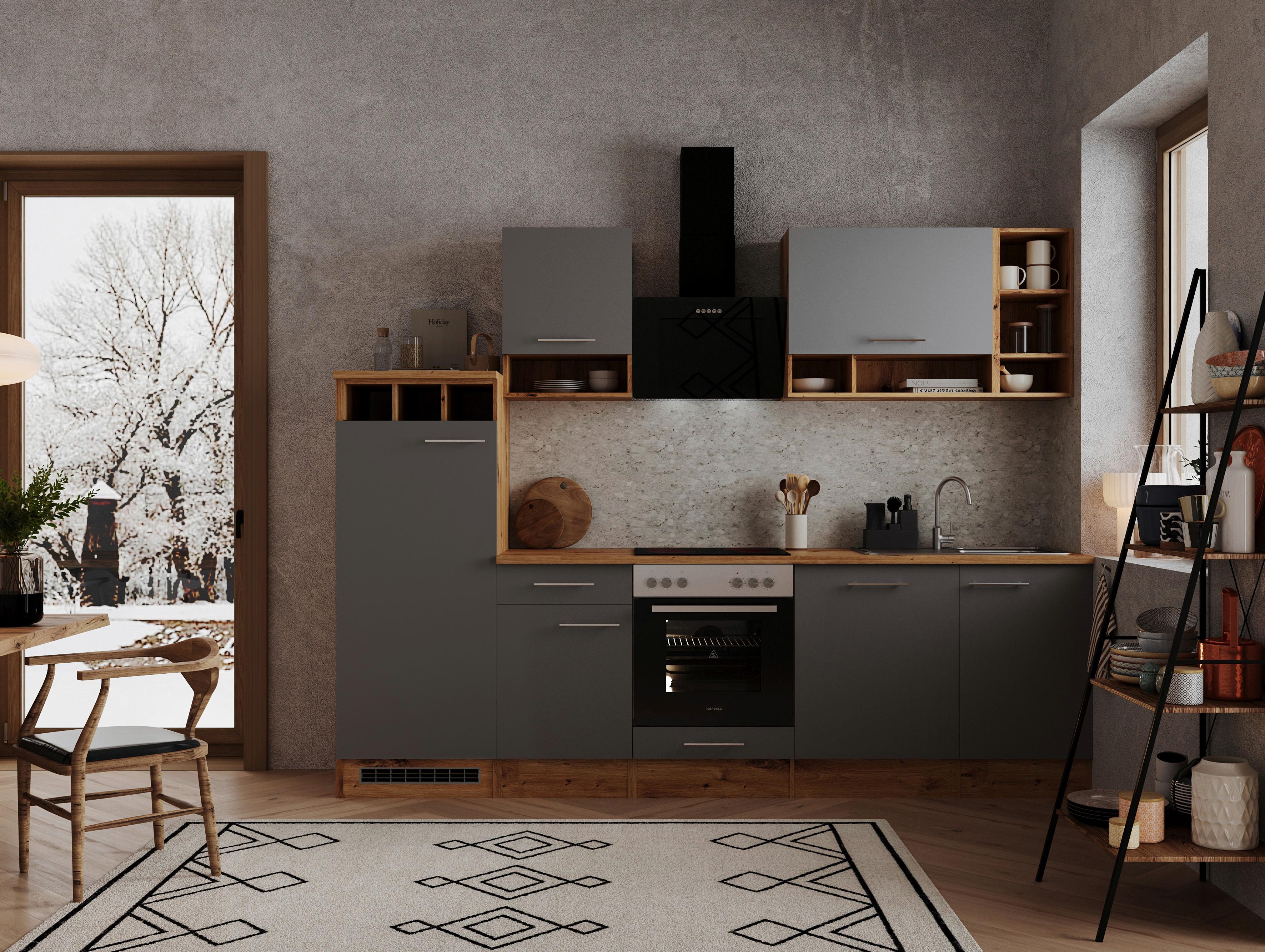 Küchenzeile Economy Mit Geräten 280 cm Grau/Wildeiche - Wildeiche/Grau, Basics, Holzwerkstoff (280cm) - Respekta