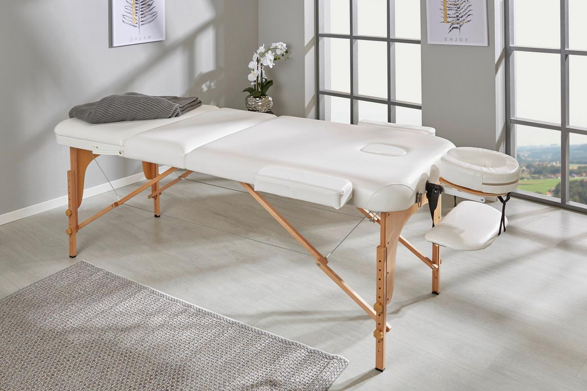 Massageliege Wooden Weiß Holzgestell, Höhenverstellbar - Beige/Buchefarben, MODERN, Holz/Holzwerkstoff (185/70/62-85cm) - Ondega