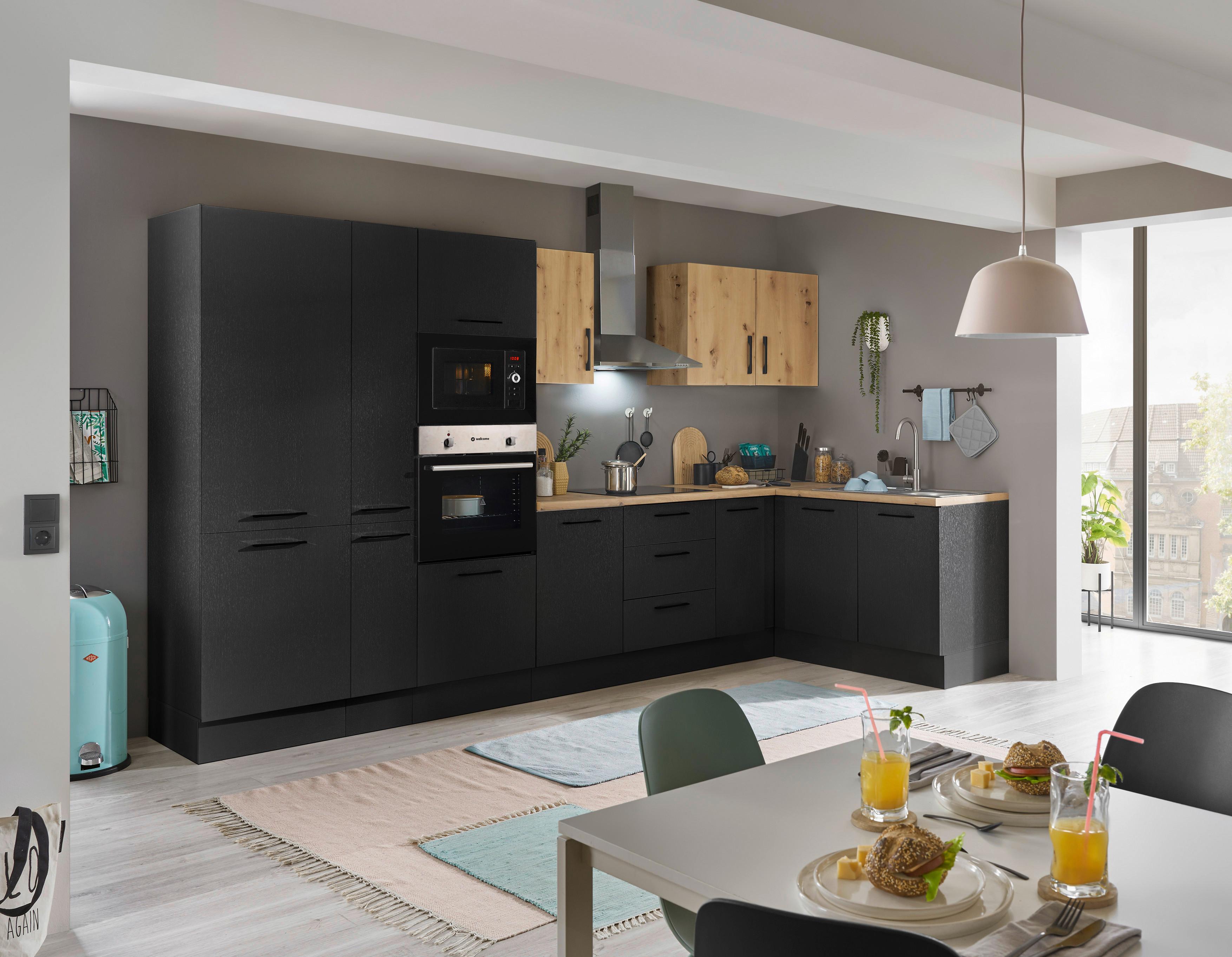 Eckküche Turin Schwarz/Eiche Dekor 360x165 cm - Schwarz/Eiche Artisan, Basics, Holzwerkstoff (360/165cm) - MID.YOU