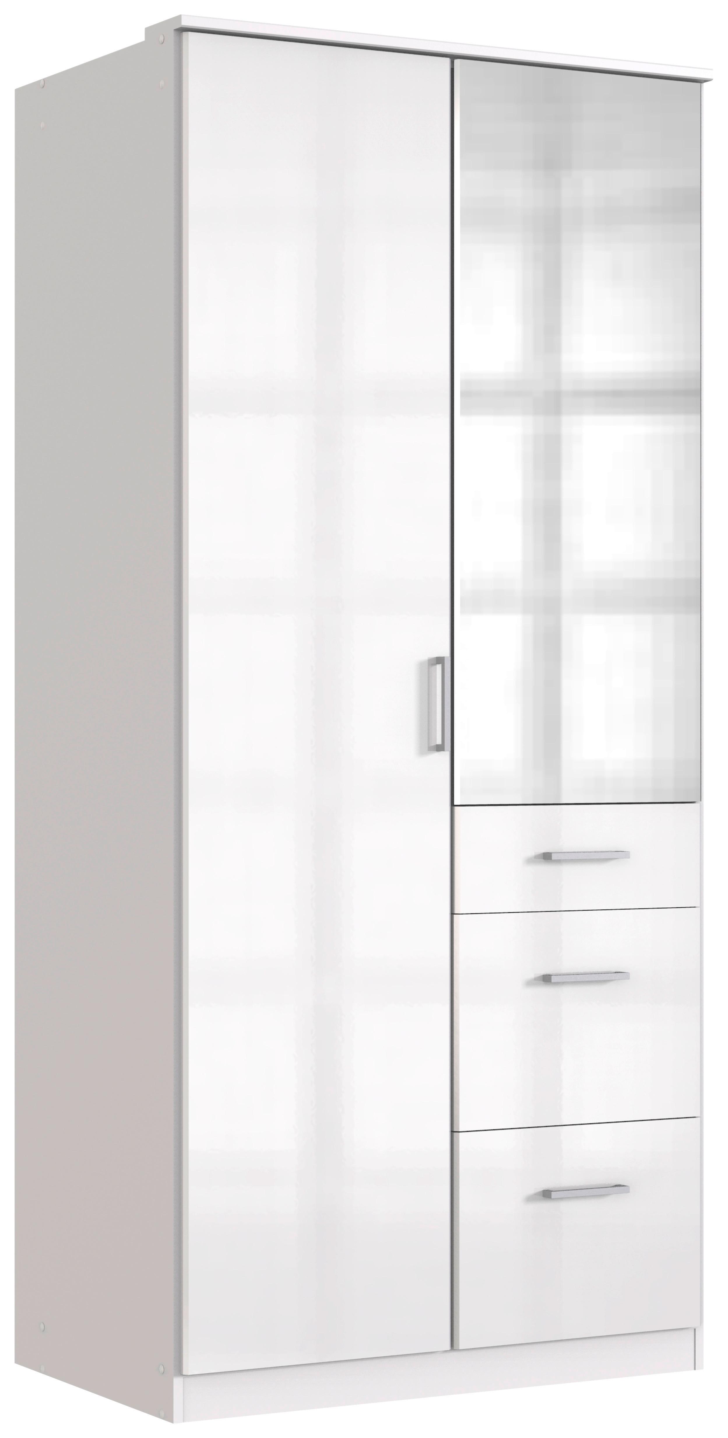 Drehtürenschrank mit Spiegel + Laden B: 91 cm Clack, Weiß - Weiß Hochglanz/Silberfarben, Basics, Holzwerkstoff (91/199/58cm) - MID.YOU