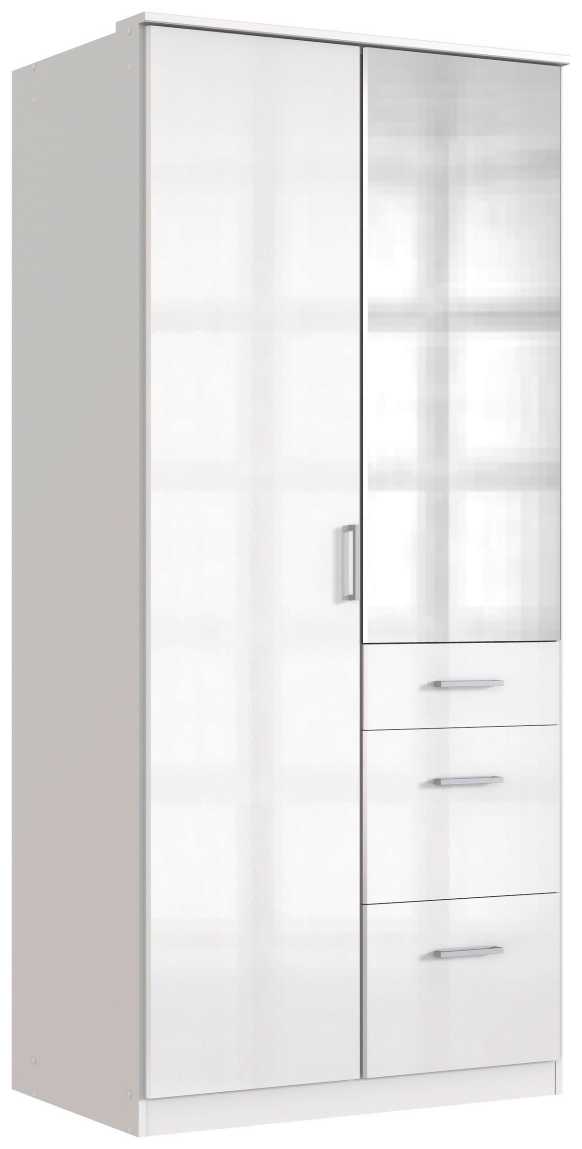 Drehtürenschrank Mit Spiegel + Laden B: 91 cm Clack, Weiß - Weiß Hochglanz/Silberfarben, Basics, Holzwerkstoff (91/199/58cm) - MID.YOU