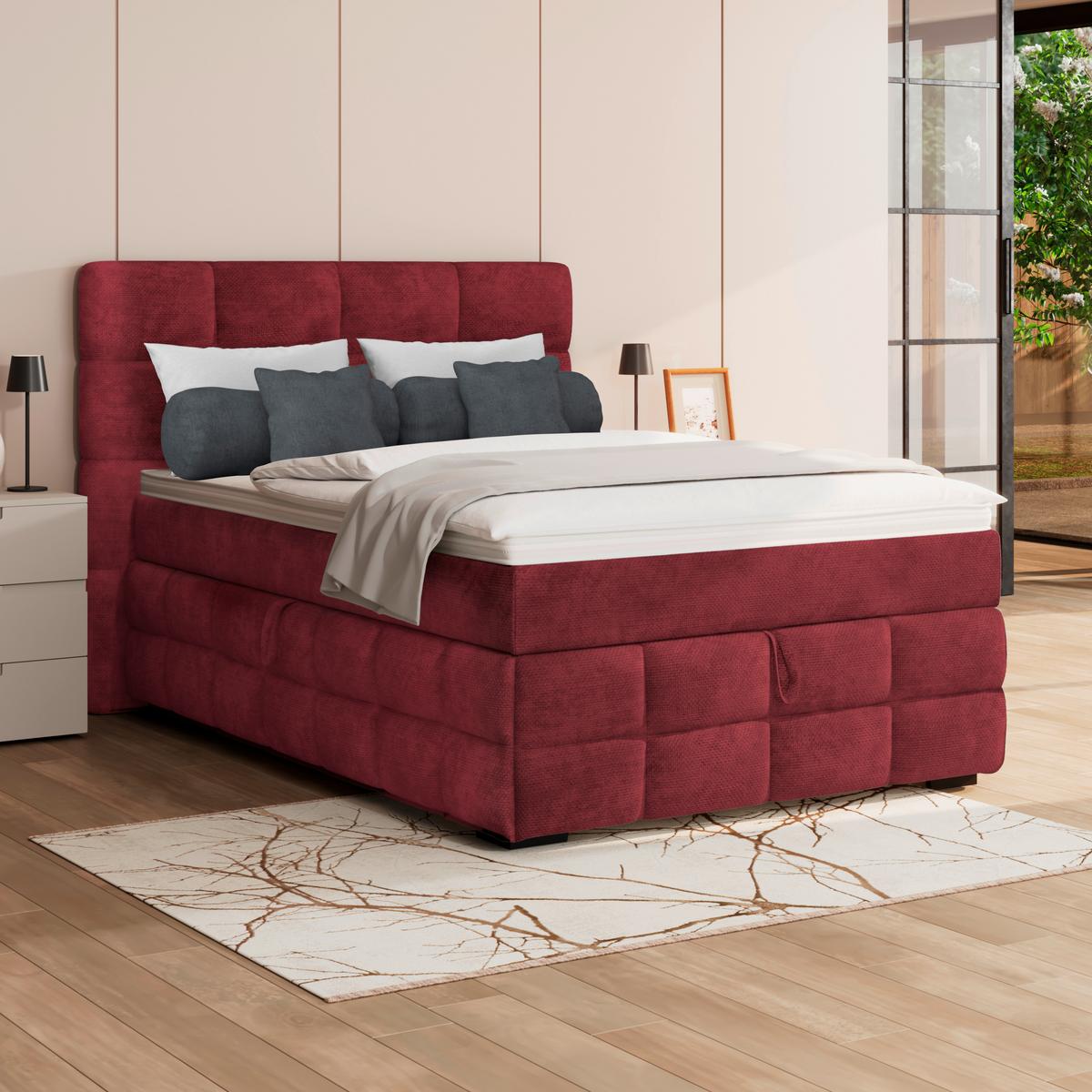 Čalúnená posteľ VEGA 140x200 cm, vinovočervená - čierna/vínovočervená, Trend, drevo/textil (140/200cm)