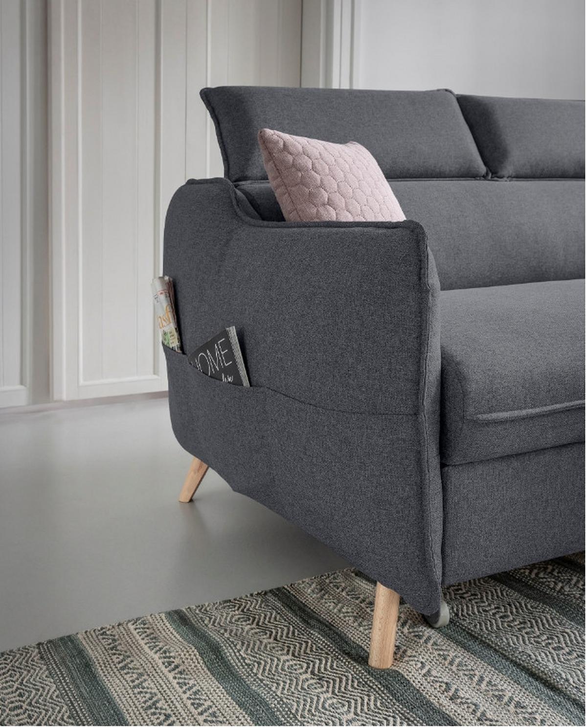 Rozkládací sedačka Simone, pravé provedení - šedá/přírodní barvy, Moderní, dřevo/textil (228/82/95/162cm)