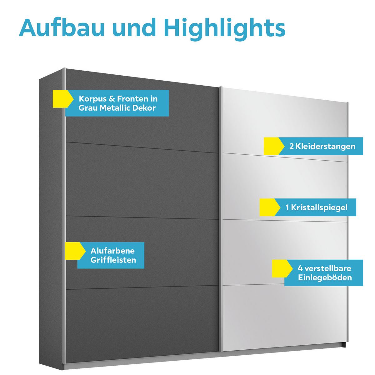 Schwebetürenschrank M. Spiegel 226cm Belluno, Grau Metallic - Grau, MODERN, Holzwerkstoff (226/230/62cm) - Rauch Möbel