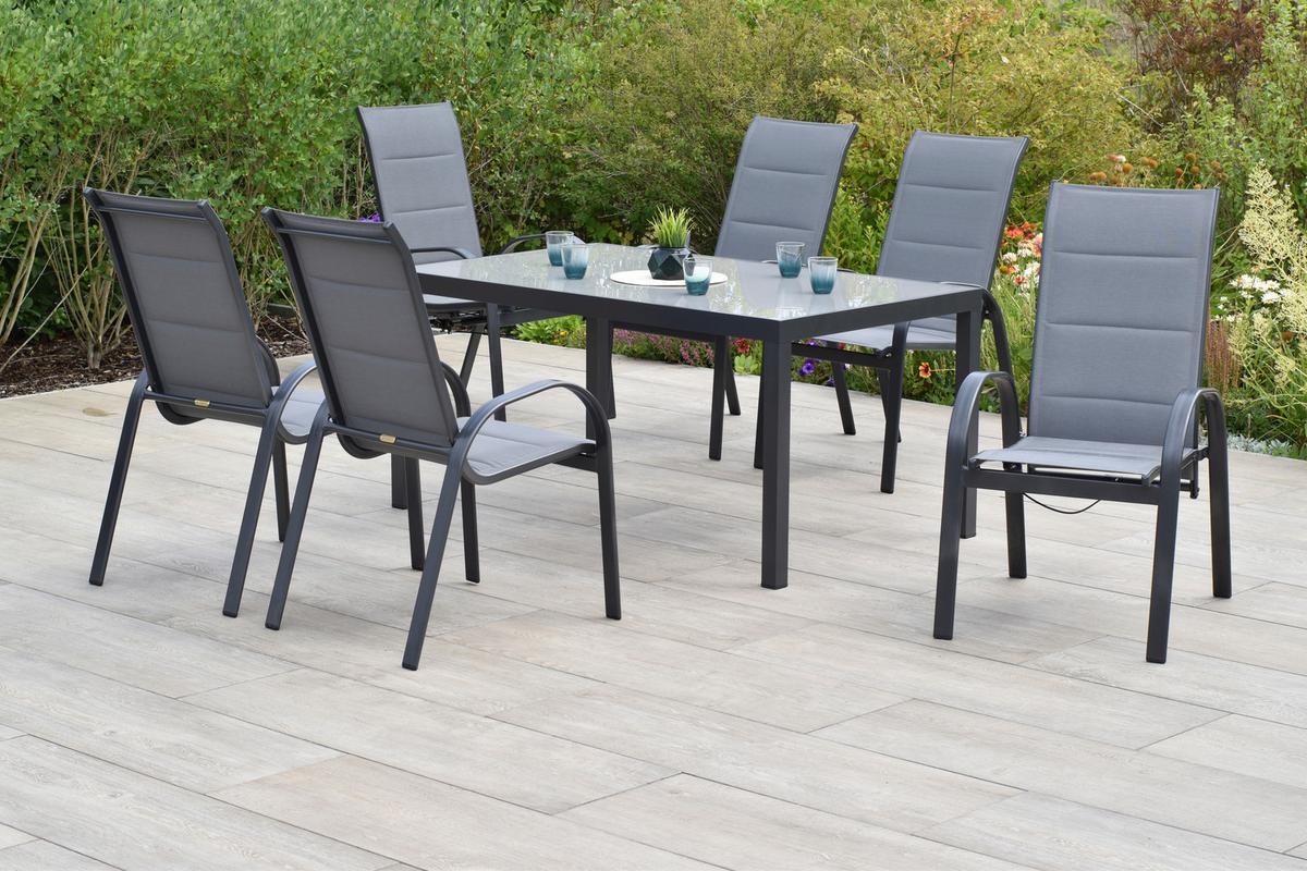 Gartentischgruppe Amalfi 7 -Teilig. Graphitfarben/Grau - Graphitfarben/Grau, KONVENTIONELL, Glas/Textil - Gardenson