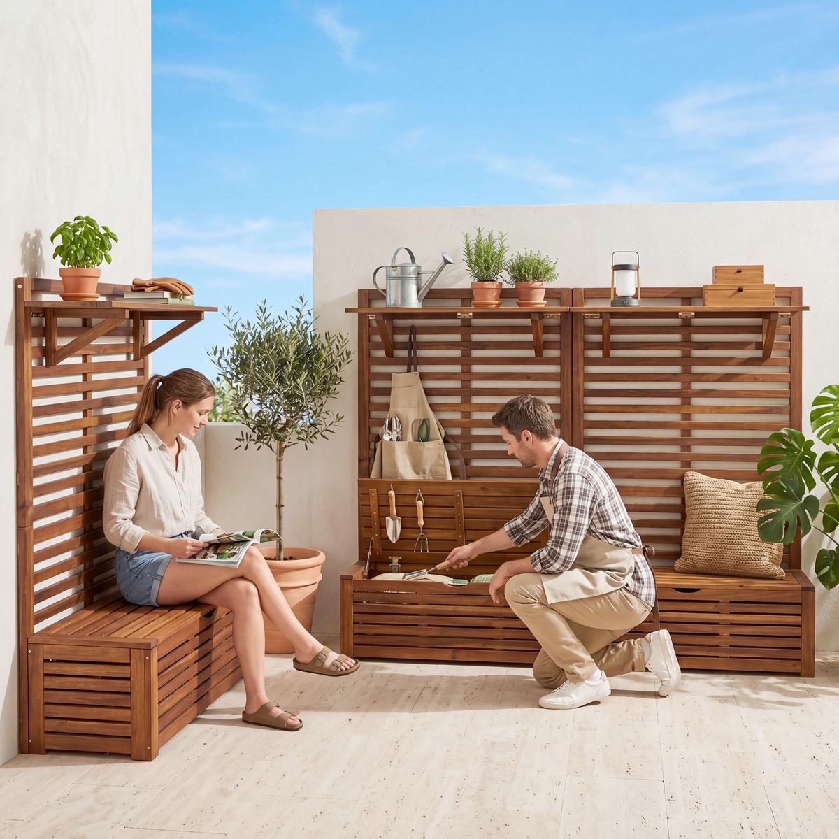 Blumenregal mit Sitzbank & Aufbewahrung - Akaziefarben, Basics, Holz (39/91,5/151,5cm)