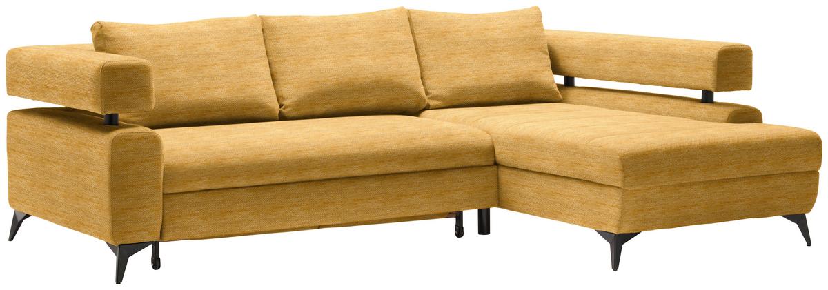 Rohová sedačka ROSALIE, pravá s úložným prostorem a lůžkem - curry žlutá/černá, Konvenční, kov/textil (265/184cm)