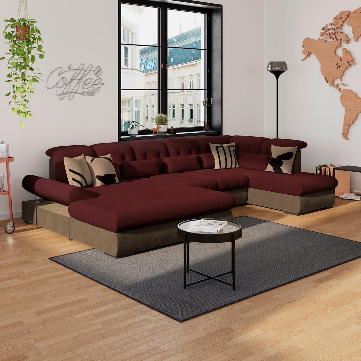 Wohnlandschaft Madera Rubinrot, S: 358x212 Cm - Hellbraun/Rot, KONVENTIONELL, Kunststoff/Textil (190/358/212cm)