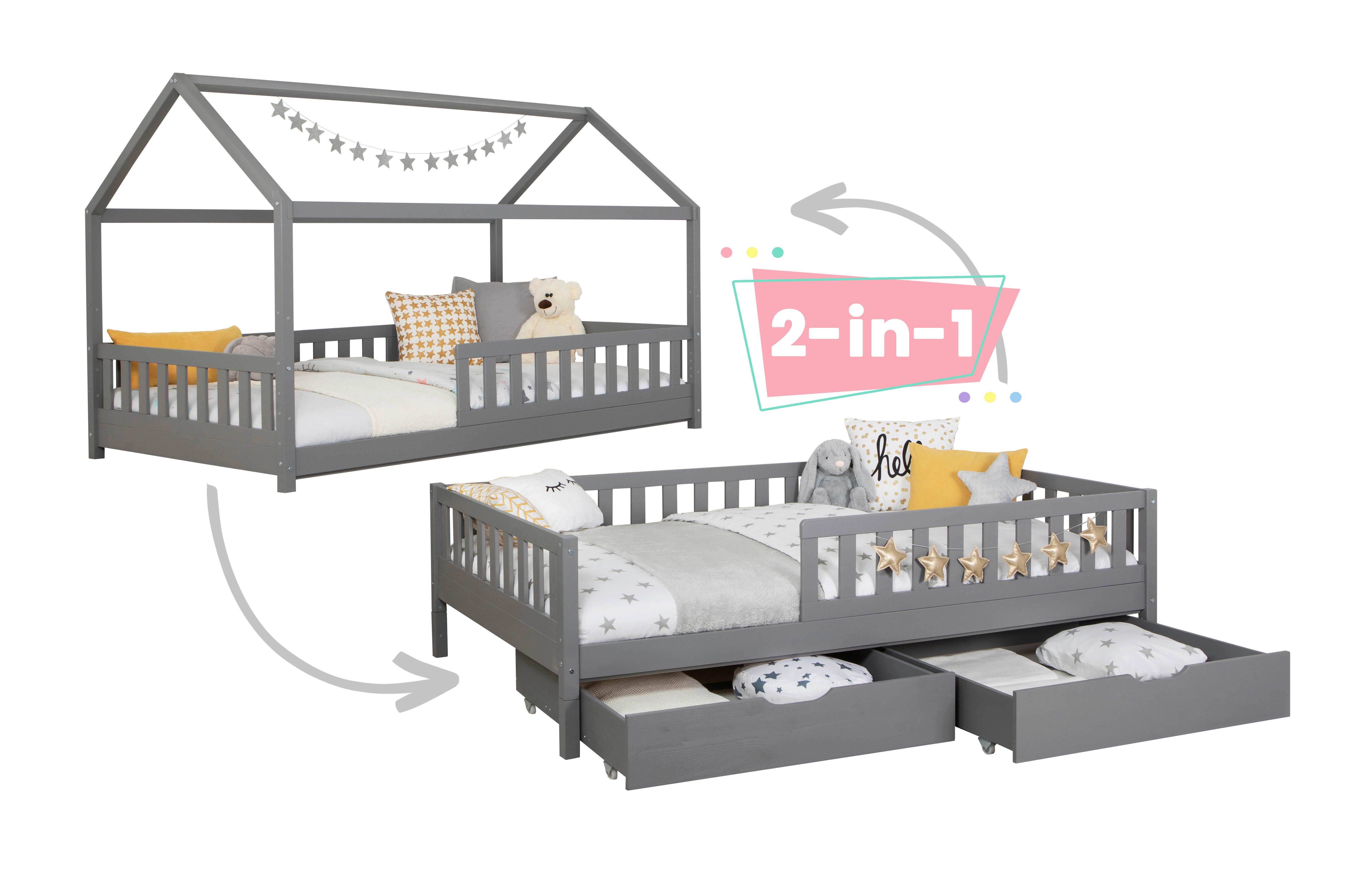 Bodenbett 90/200 cm In Hellgrau inkl. Laden - Hellgrau/Naturfarben, MODERN, Holz (90/200cm) - MID.YOU