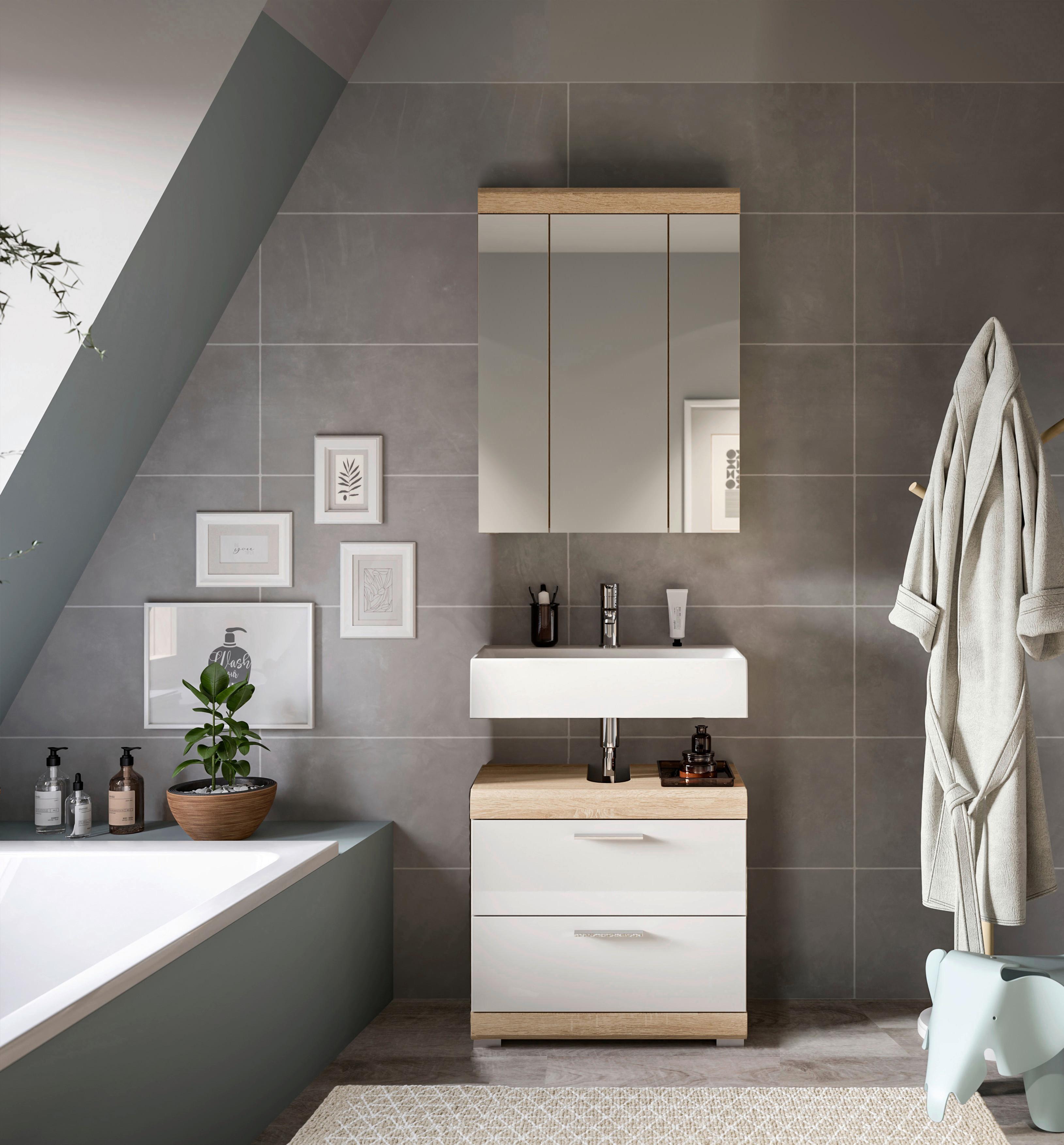 Badezimmer Lambada Eiche Dekor/weiß B: 60 Cm - Weiß Hochglanz/Silberfarben, MODERN, Holzwerkstoff (60cm) - MID.YOU