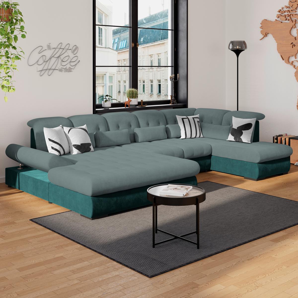 Wohnlandschaft Madera Grün, S: 358x212 cm - Türkis/Schwarz, KONVENTIONELL, Kunststoff/Textil (190/358/212cm)