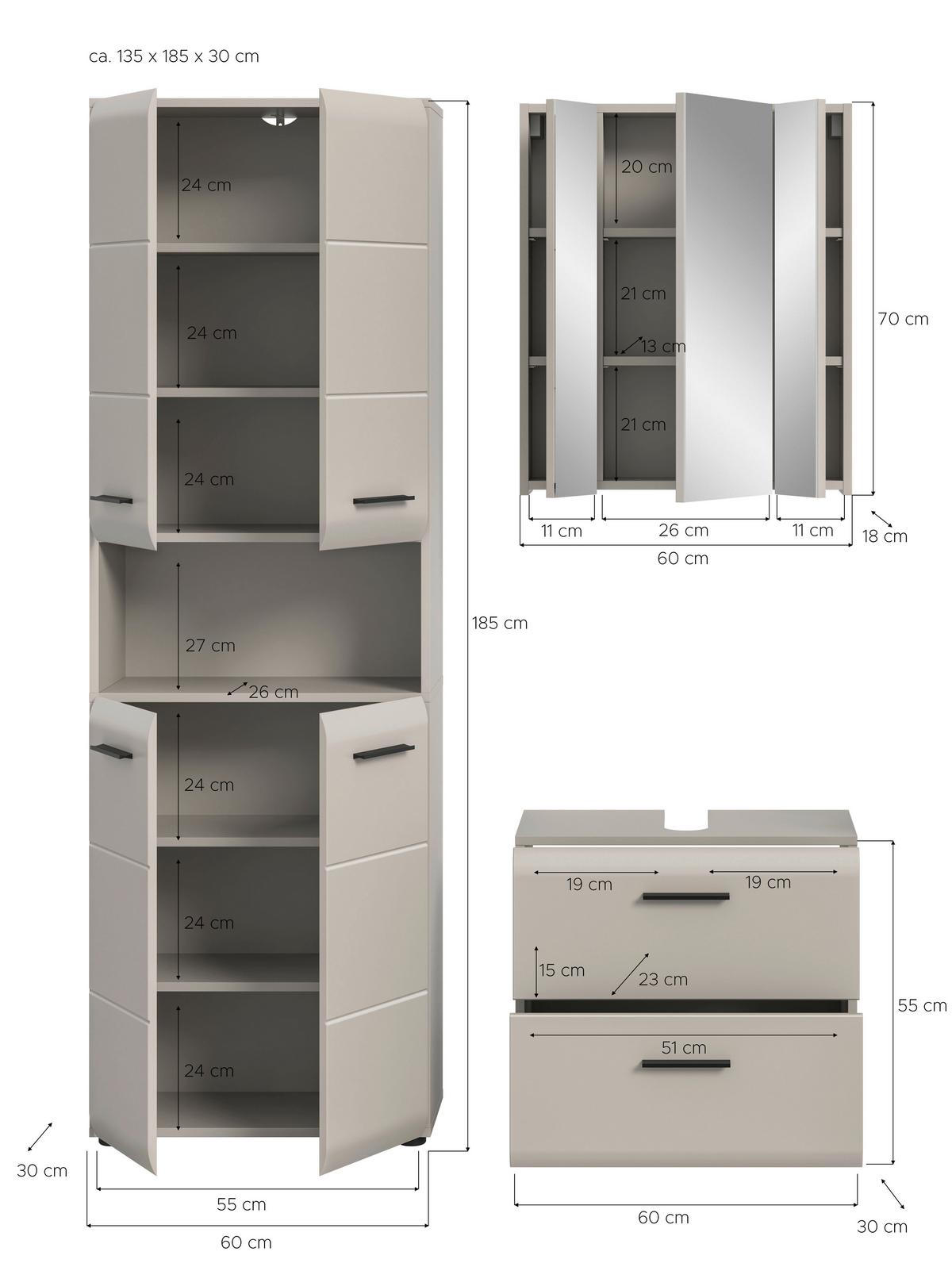 Badezimmer Ice Kaschmir B: 120cm - Kaschmir/Schwarz, Trend, Glas/Holzwerkstoff (120cm) - MID.YOU