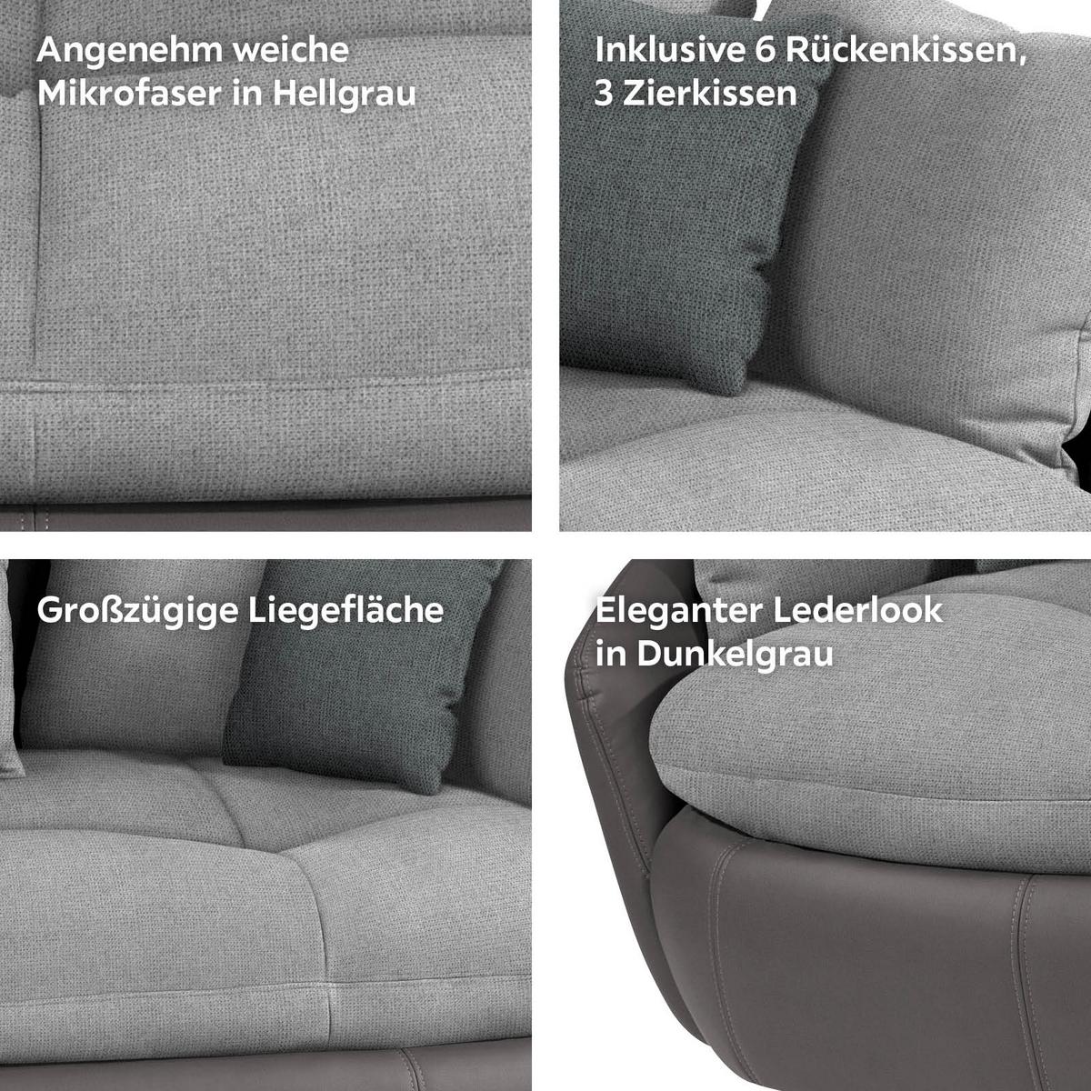 Big Sofa Aruba mit Kissen Grau/Hellgrau Lederlook - Hellgrau/Schwarz, LIFESTYLE, Textil (238/80/140cm)