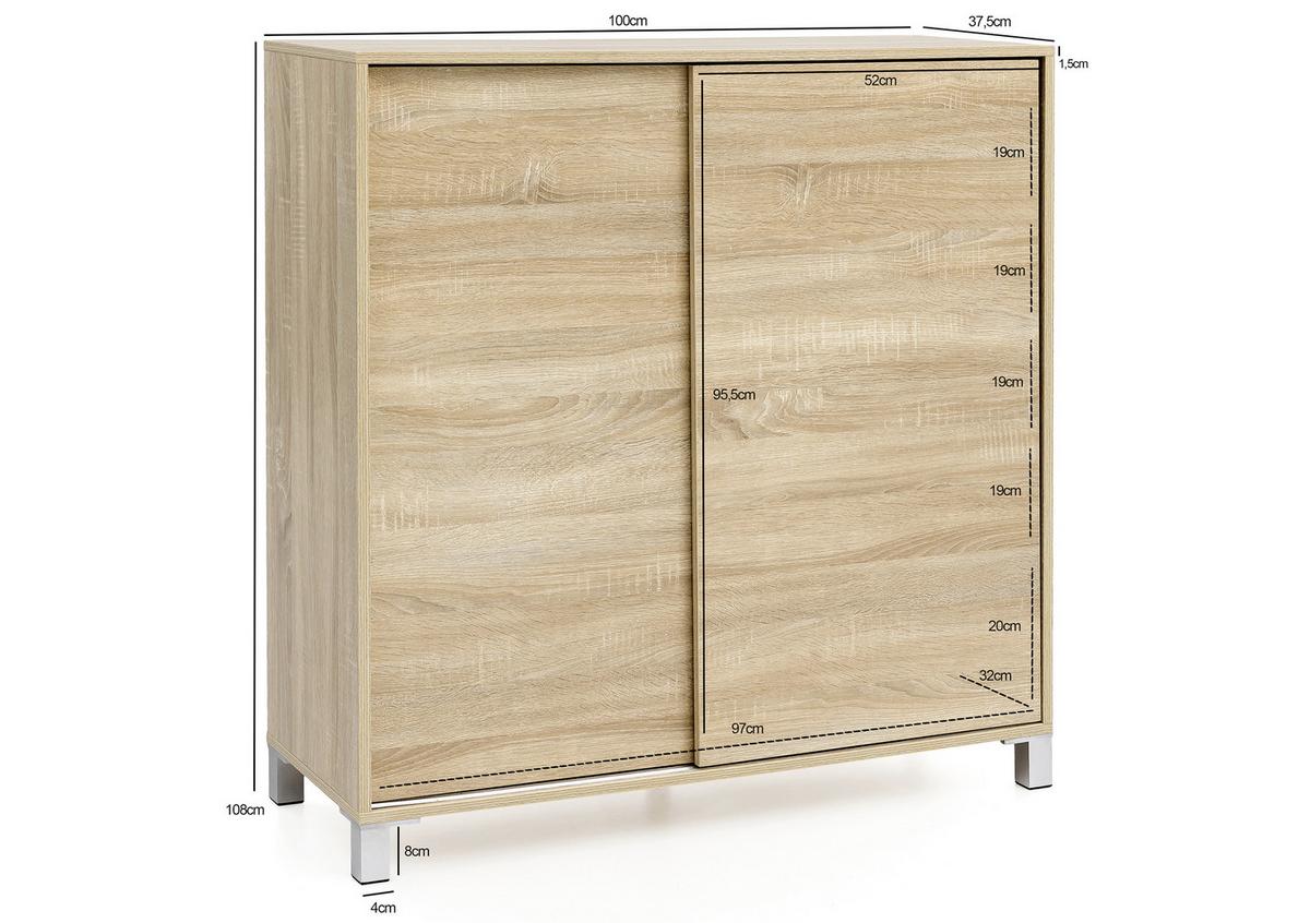 Schuhschrank Sonoma Eiche Dekor 2 Schiebetüren B: 100 cm - Silberfarben/Sonoma Eiche, KONVENTIONELL, Holzwerkstoff (100/108/37,5cm) - MID.YOU