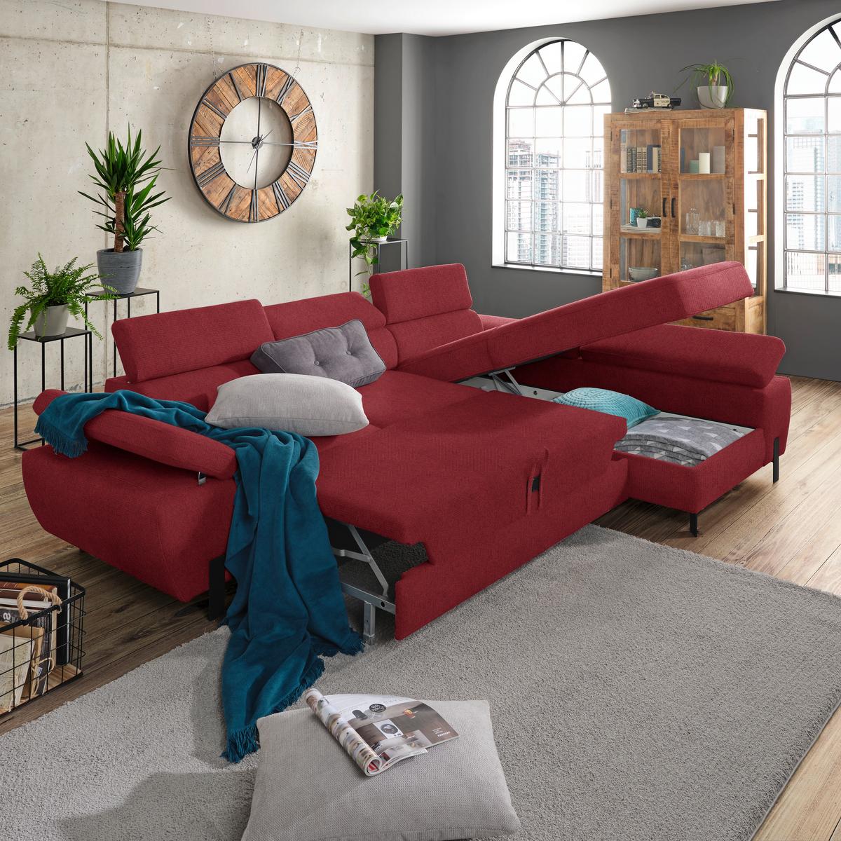 Rohová sedačka MILNA, pravá, vínovočervená - čierna/vínovočervená, Modern, kov/drevo (277/90/189cm) - Mömax