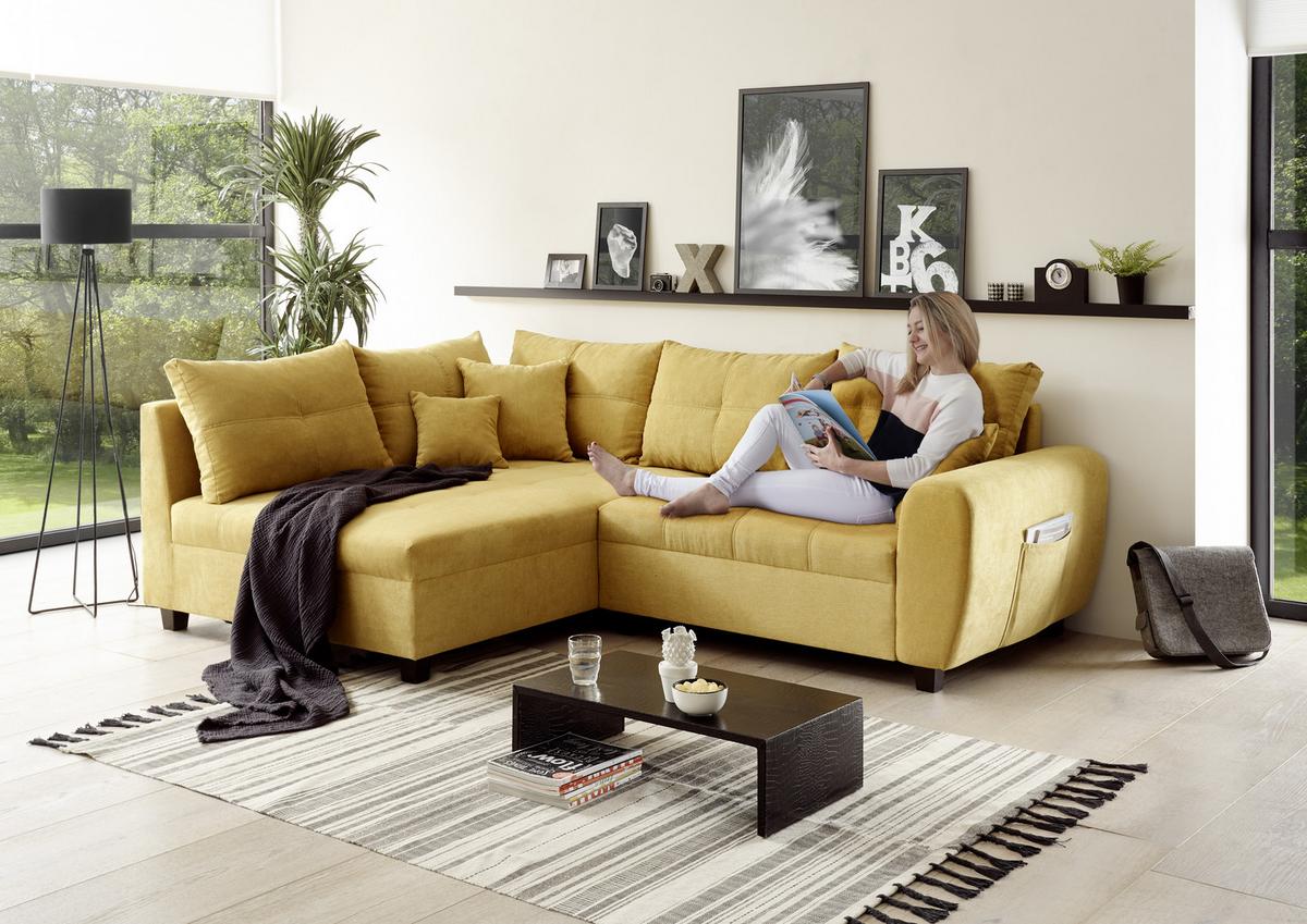 Ecksofa Mit Schlaffunktion + Kissen Lea, Polyester-Nylon - Gelb/Schwarz, Basics, Holzwerkstoff/Textil (176/248cm) - MID.YOU